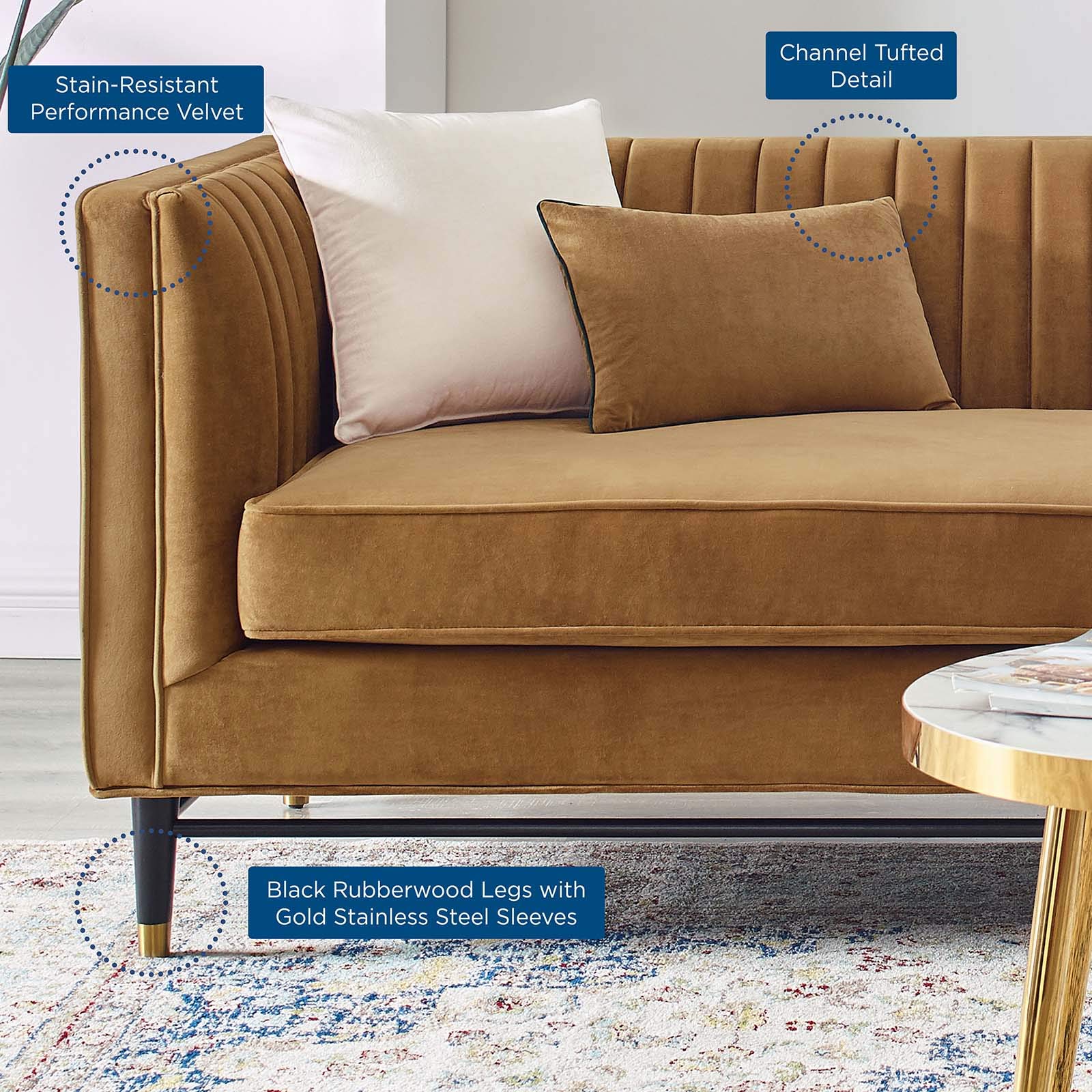 Modway Devote Channel Tufted Performance Velvet Sofa in Cognac - Luxurious Velvet Upholstered Living Room Couch for Modern Home Decor