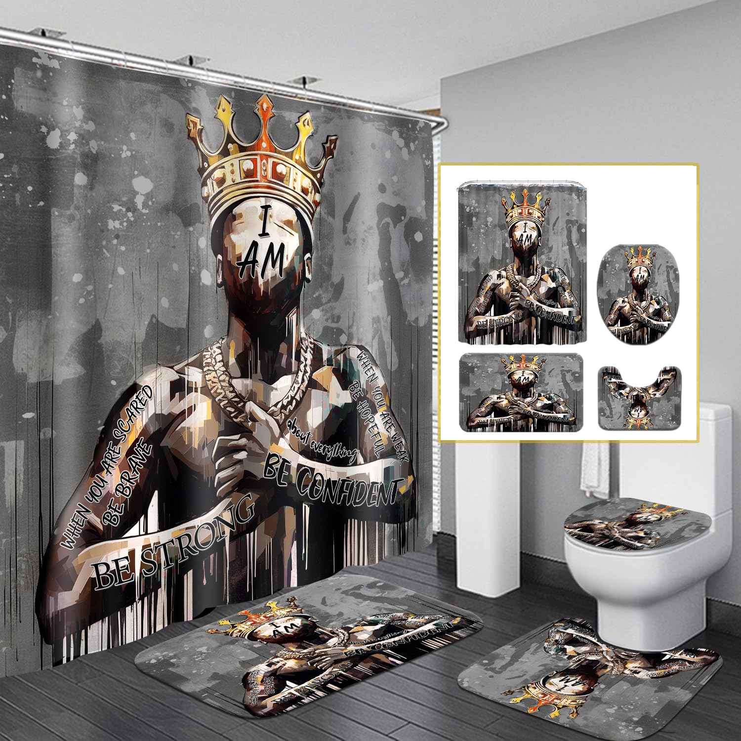 Black King Shower Curtain Set with Hooks - African American Praying Man Bathroom Decor with Matching Rug & Toilet Cover - Waterproof Bath Mat for Stylish Home & Apartment Bathroom