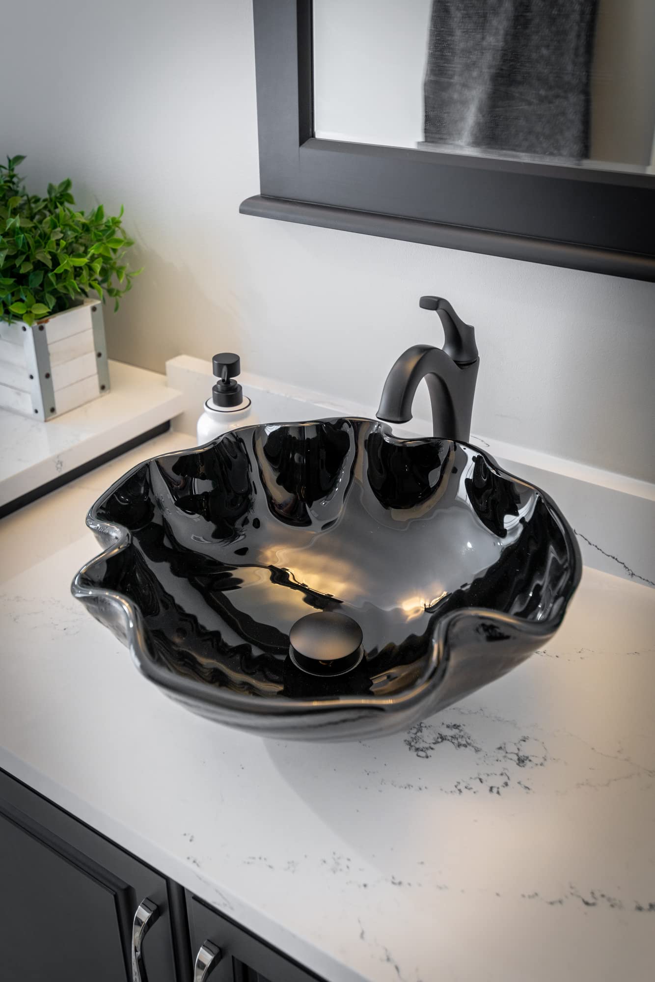 Midnight Wave Glass Vessel Bathroom Sink - Modern Oval Above Counter Basin for Vanity, Powder Room & Luxury Bathroom Decor