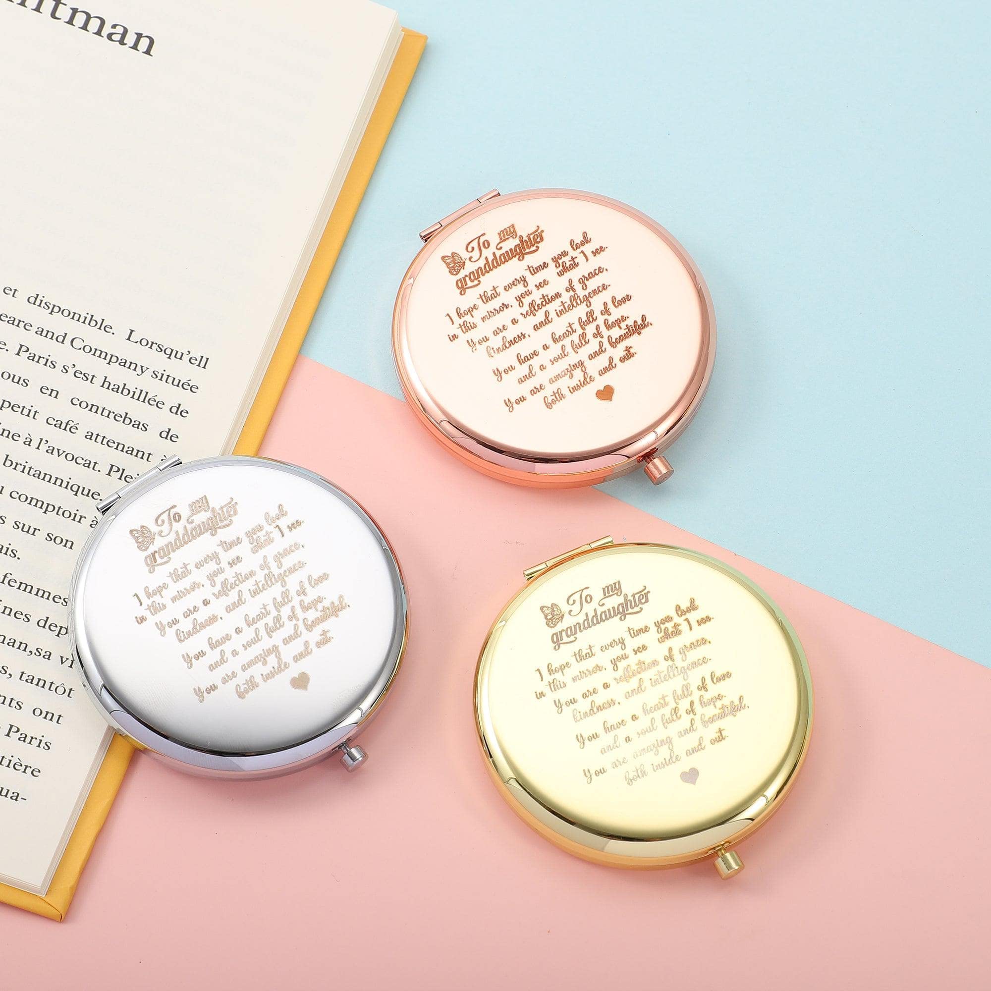 You're Amazing & Beautiful - Stainless Steel Folding Pocket Mirror Gift for Granddaughter | Rose Gold Compact Mirror | Encouragement Present from Grandparents | Perfect for School, Travel & Daily Makeup