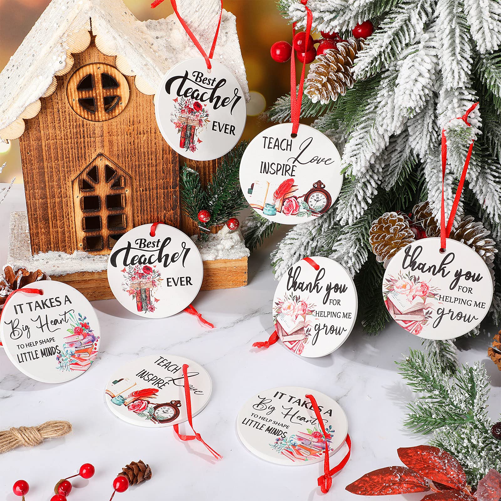 8pcs Teacher Appreciation Christmas Ornaments - Ceramic Xmas Tree Decor for Teachers, Men & Women - Perfect for Holiday Gifting