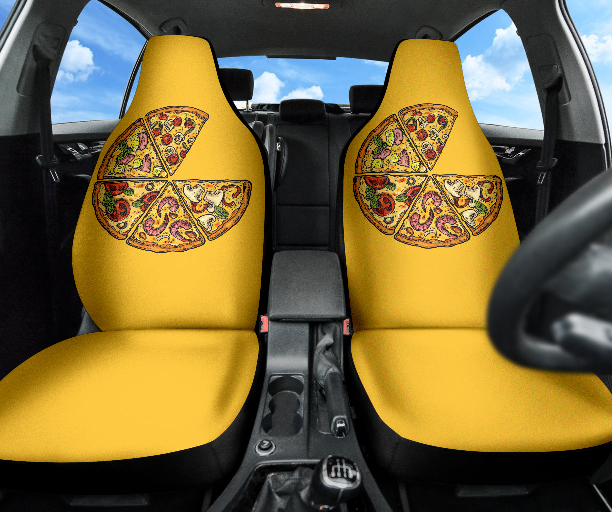Stylish Pizza Pattern Yellow Background Car Seat Covers - Waterproof & Non-Slip (Style 210102) - Perfect for Cars, Trucks & SUVs - Fun Food-Themed Auto Accessories