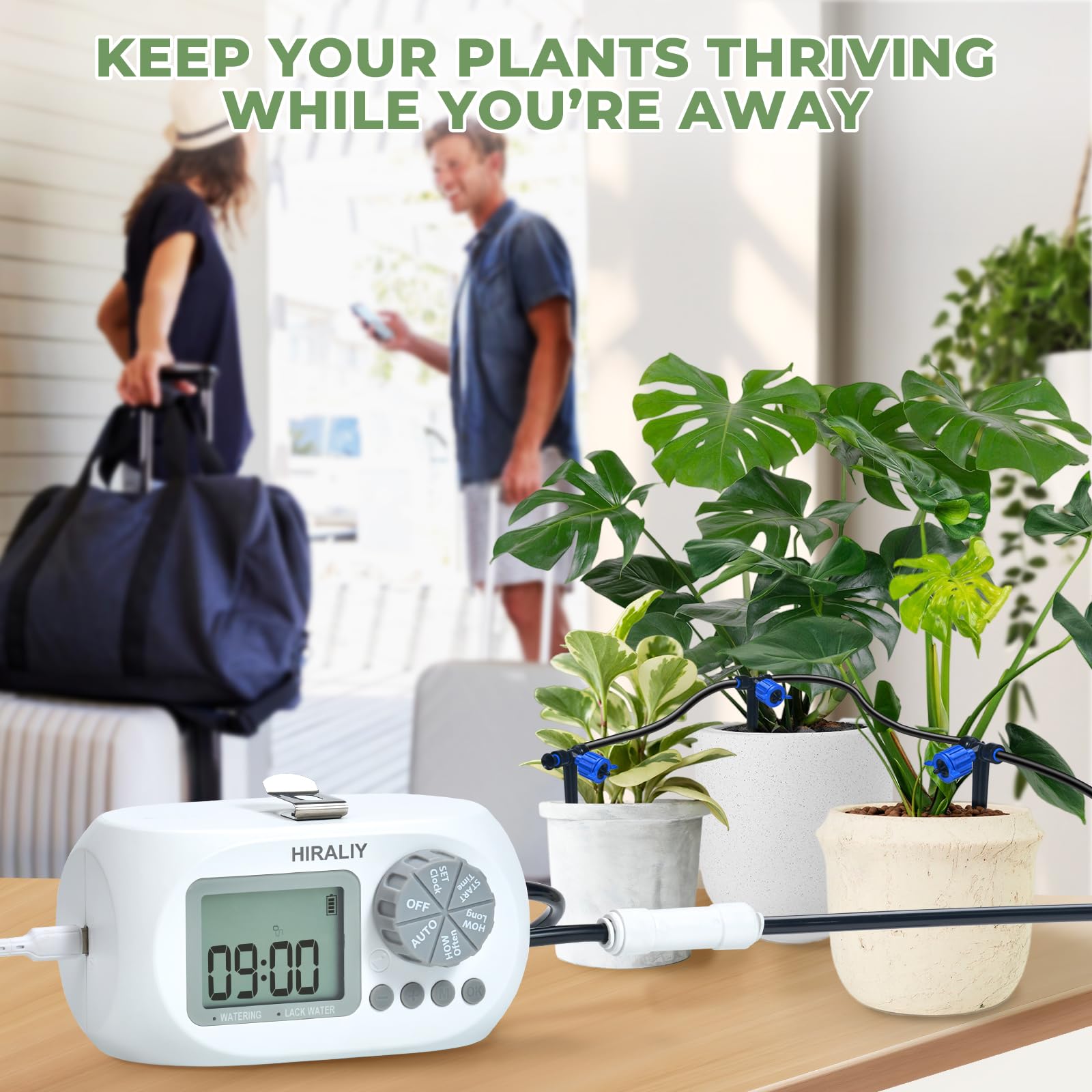 HIRALIY Automatic Indoor Potted Plant Drip Irrigation Kit with Timer - USB & Battery Powered, Pressure Compensating Drippers for Home Garden, Greenhouse & Balcony Plants