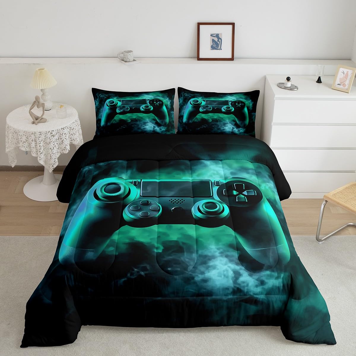 Erosebridal King Size Gaming Bedding Set for Boys & Kids - Green Gamer Comforter Set with Toddler Bedroom Decor | Perfect for Teen Bedrooms, Game Room Themes & Esports Enthusiasts