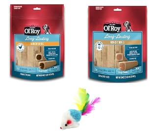 Ol' Roy Munchy Bones Dog Treats - 2 Flavor Bundle (Chicken & Peanut Butter) with Bonus Feather Mouse Toy | Natural Chew Bones for Small & Medium Dogs | Perfect for Training Rewards and Playtime