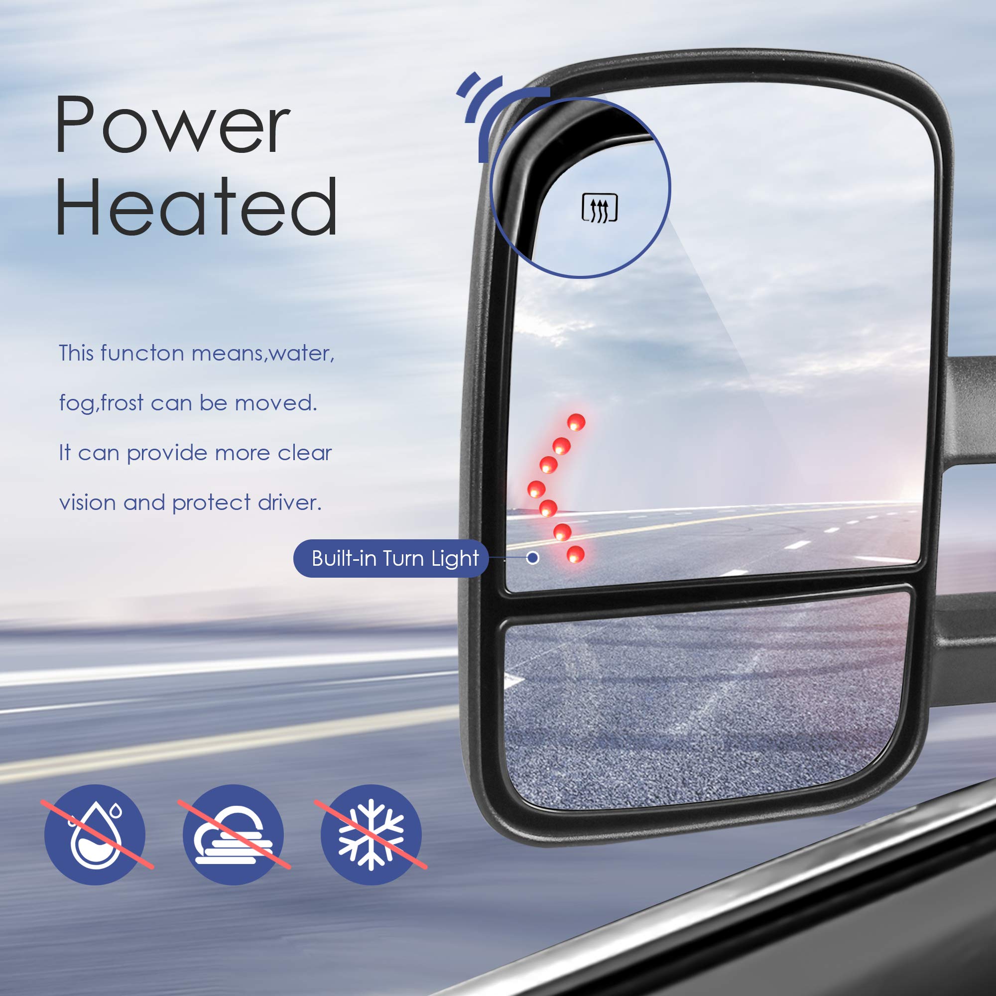 MOSTPLUS Power Heated Towing Mirrors with Arrow Signal Light - Compatible with 2003-2006 Chevy Silverado, Suburban, Tahoe & GMC Sierra, Yukon - Manual Telescoping Design (Set of 2, Black) - Perfect for Winter Driving and Heavy-Duty Towing