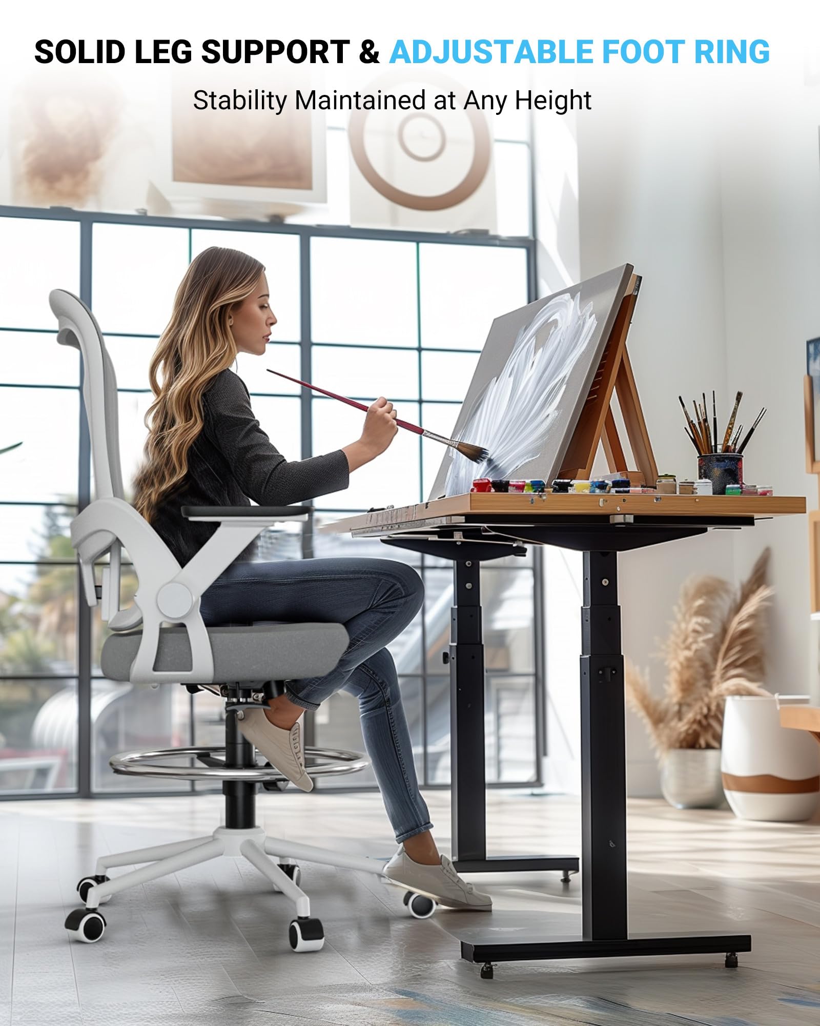 Frylr Drafting Chair - Adjustable Height Ergonomic Office Chair with Lumbar Support for Standing Desks, 400 lbs Capacity Heavy Duty Counter Height Seat (Grey) - Perfect for Architects, Artists & Home Office Workspaces