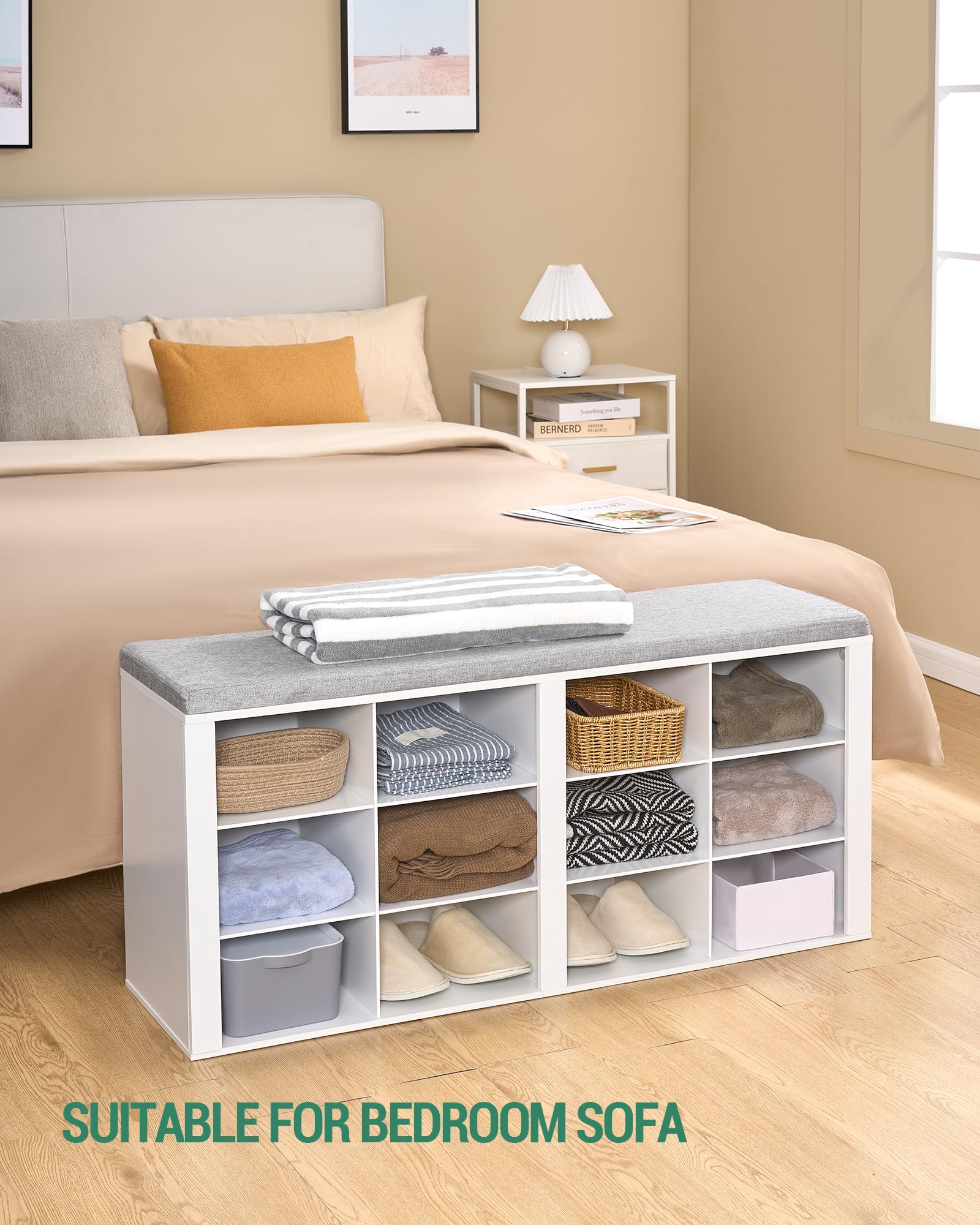 White Shoe Bench with Cushion - 12-Cubby Entryway Storage Bench with Adjustable Shelves | Shoe Organizer Cabinet for Living Room, Bedroom & Hallway | Perfect for Small Spaces, Apartment Entry & Shoe Storage Solutions