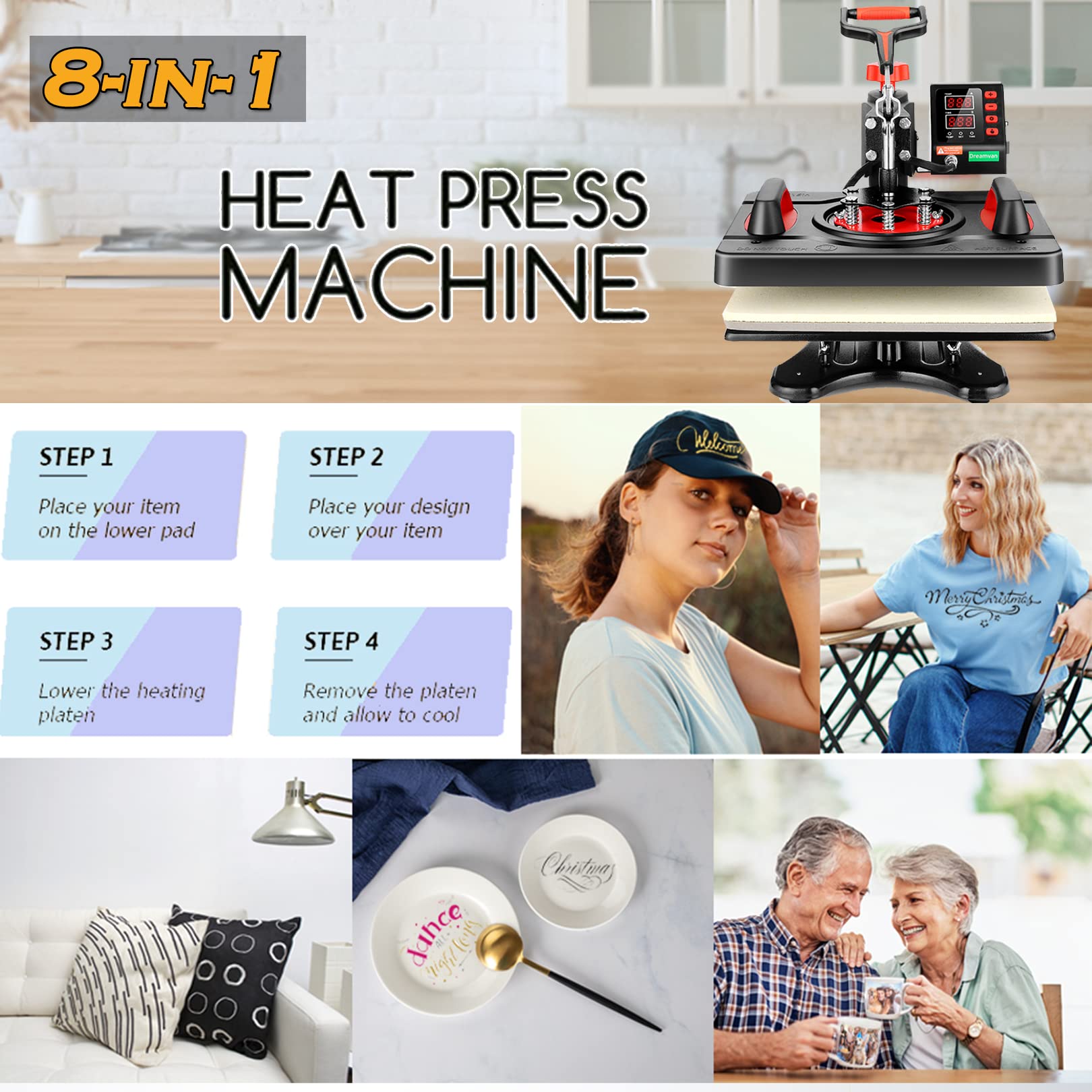 8-in-1 Upgraded 15x12 Inch Digital Swing Heat Press Machine - Industrial Quality Sublimation Heat Transfer for T-Shirts, Mugs, Hats & Plates | Perfect for DIY Crafts, Custom Apparel & Small Business Printing
