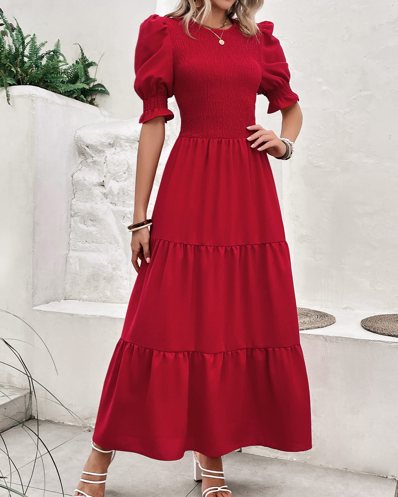 BTFBM Women's Floral Print Boho Maxi Dress - Crew Neck, Ruffled Short Sleeve, Smocked Waist, Flowy Summer Casual Dress for 2025 | Perfect for Beach Vacations, Music Festivals & Boho-Chic Outfits
