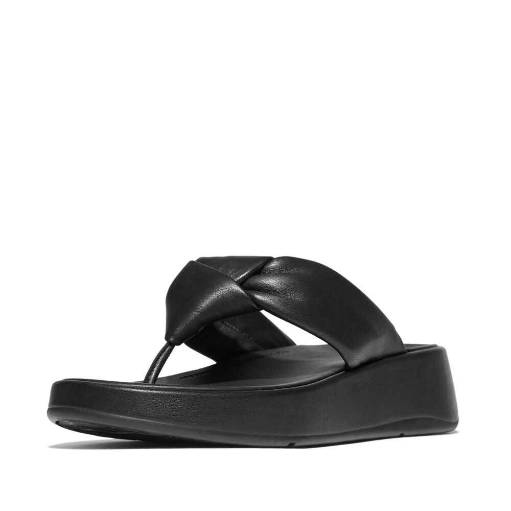 FitFlop F Mode Knot Soft Leather Toe Post Flatform Sandals for Women - All Black | Comfortable Summer Walking Shoes for Beach, Travel & Casual Outfits