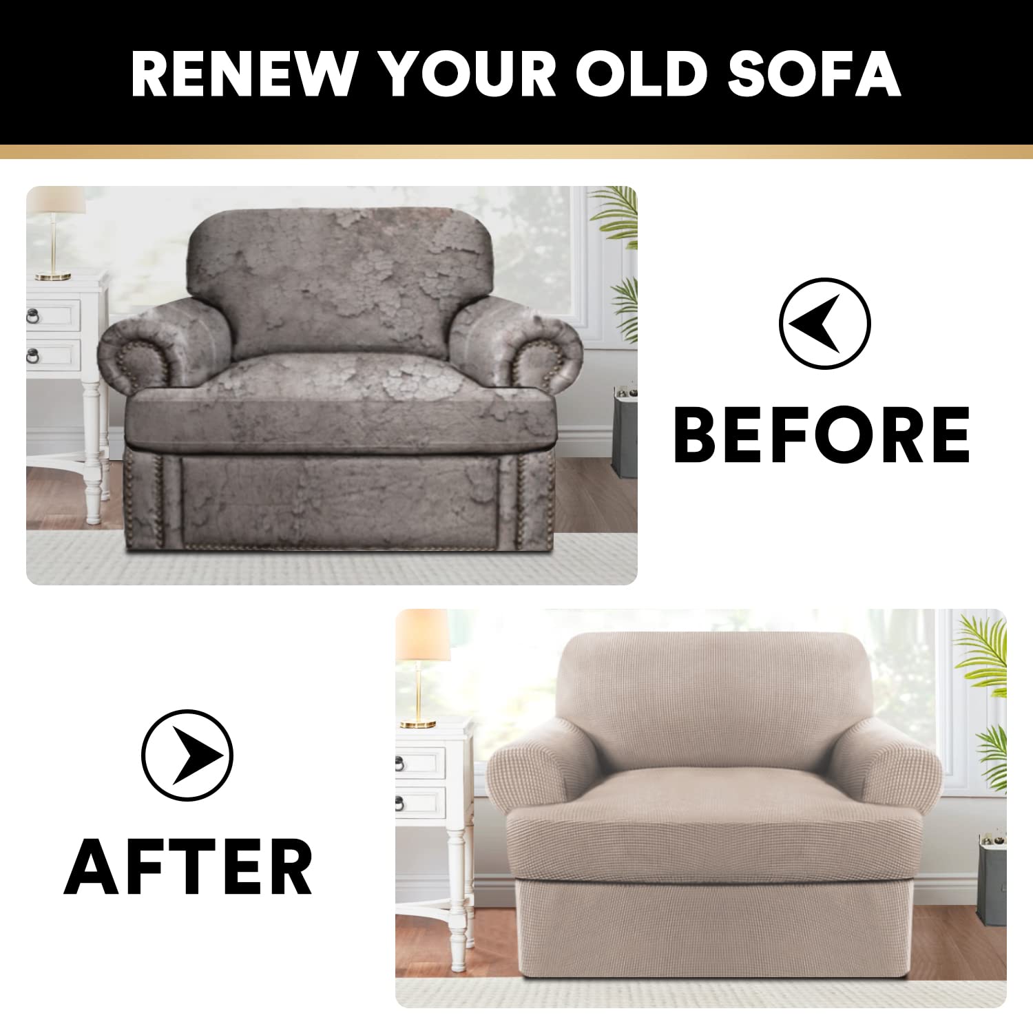 PrinceDeco 2-Piece Stretch Armchair Slipcover Set with T-Cushion Cover - Soft Furniture Protector for Living Room, Bedroom - Machine Washable Sand Color - Perfect for Sofa, Recliner & Accent Chairs