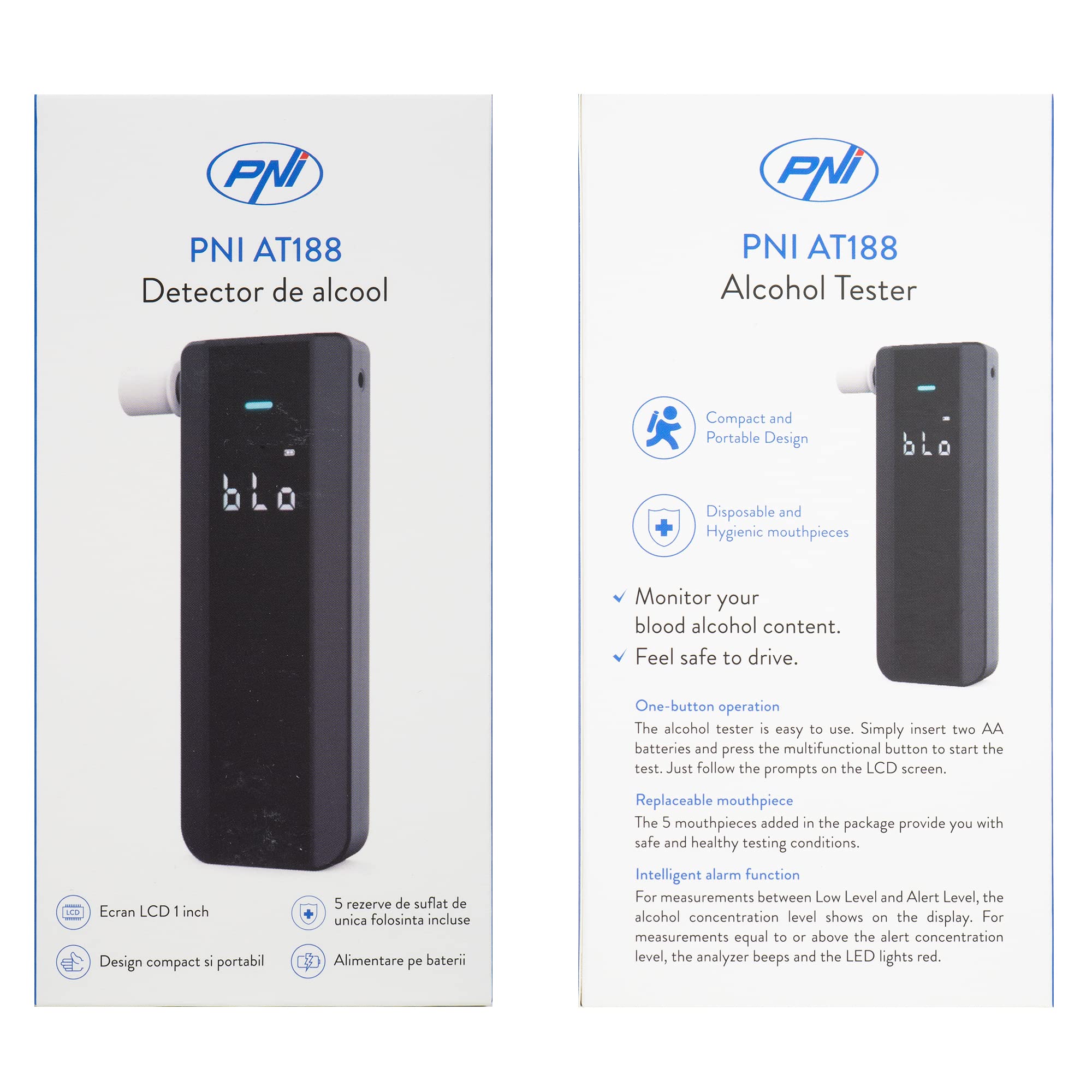 PNI AT188 Digital Alcohol Breathalyzer with LCD Display - Audible & Visual Alarms for Personal & Professional Use - Home, Office, and Road Safety Testing
