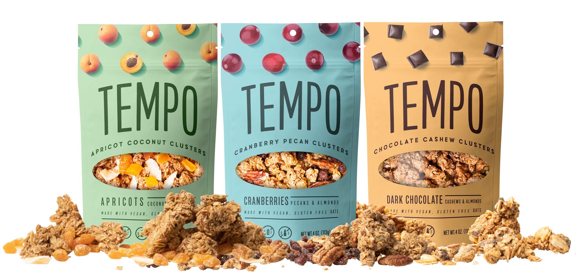 Tempo Granola Cluster Variety Pack - Dark Chocolate, Cranberry, Apricot - Vegan, Gluten Free, Low Sugar, High Protein Snack with Oats - Dairy Free, Soy Free, Prebiotics - 6 Pack - Perfect for Breakfast, Hiking & Healthy On-the-Go Snacking
