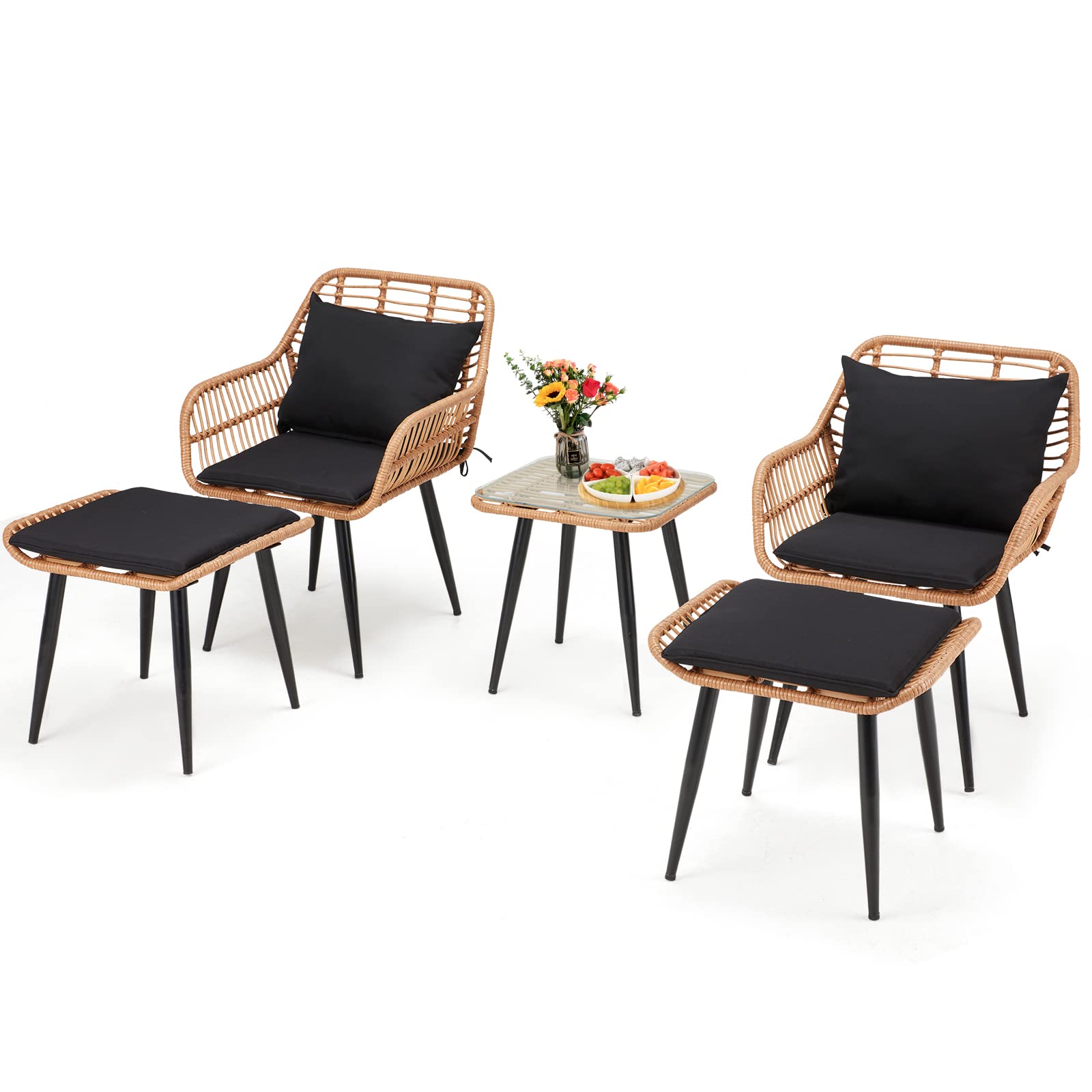 ECOTOUGE 5-Piece Outdoor Patio Furniture Set - Hand-Woven Wicker Bistro Set with Tempered Glass Coffee Table, 2 Rattan Armchairs & 2 Footstools, Includes Soft Cushions - Perfect for Porch, Backyard, Garden or Poolside Relaxation