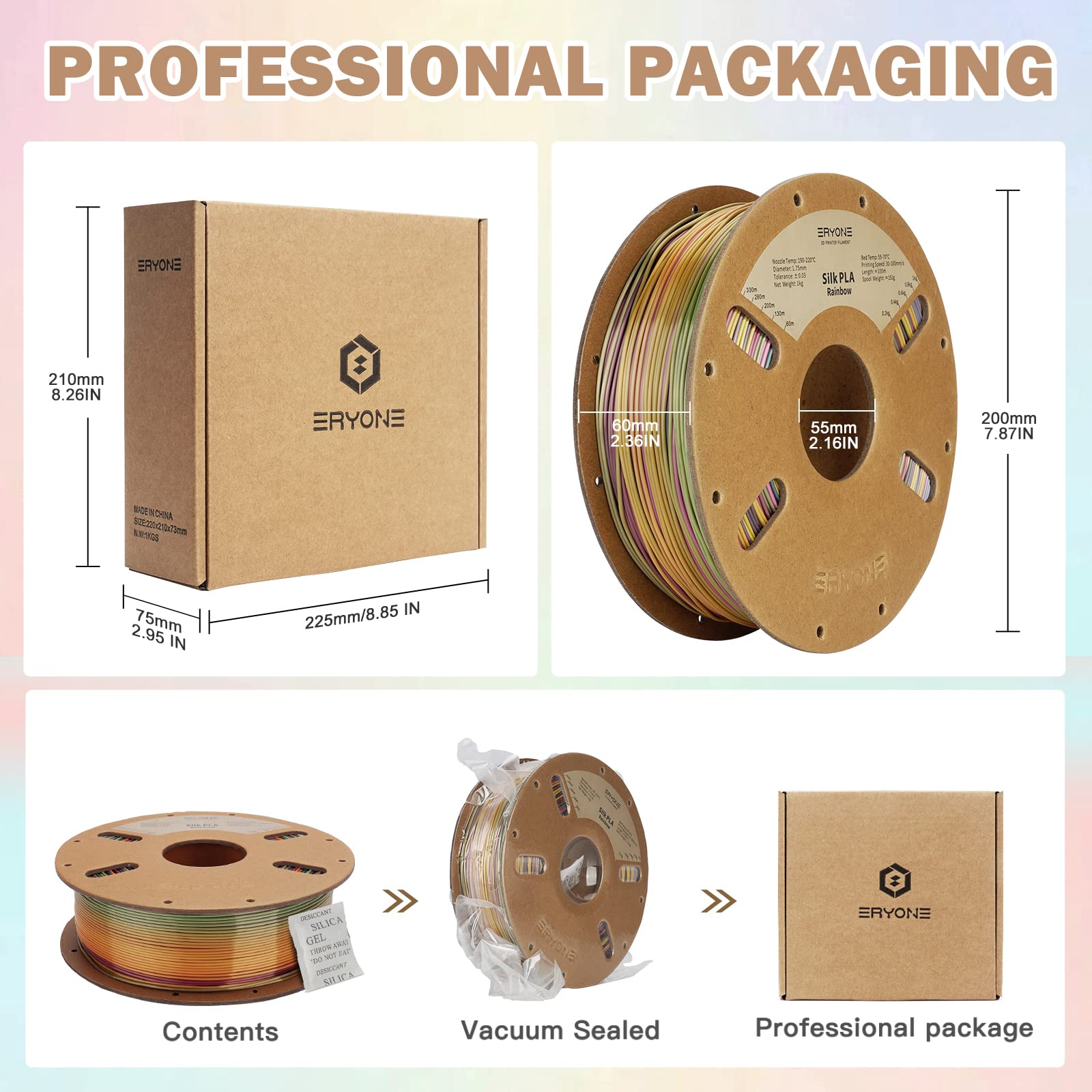 ERYONE 1.75mm Metal Luster Silk Rainbow PLA Filament for 3D Printing - High Precision +/-0.03mm, 1kg (2.2LBS) Spool - Perfect for Cosplay Props, Jewelry & Decorative Models
