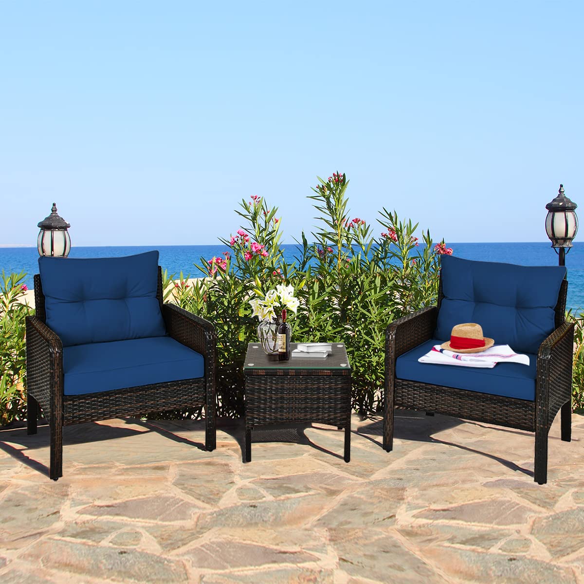HappyGrill 3-Piece Patio Conversation Set - Outdoor Rattan Wicker Furniture with Coffee Table & Chairs, Waterproof Seat Cushions - Perfect for Garden, Balcony, Backyard, Poolside & Outdoor Entertaining