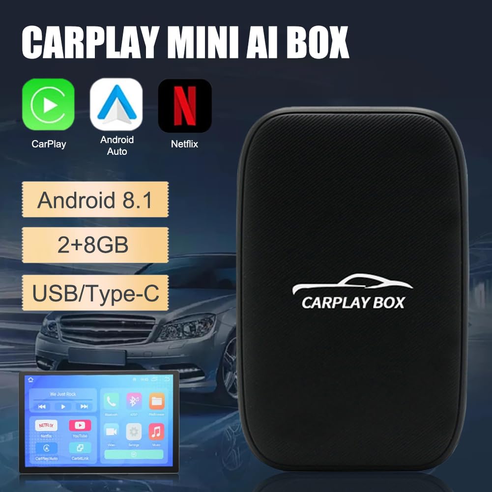 2-in-1 Wireless CarPlay & Android Auto Adapter - AI Box for Android 8.1 with Built-in Netflix/YouTube, Bluetooth & WiFi - Convert Wired to Wireless for Seamless Car Entertainment - Perfect for Road Trips & Commuting