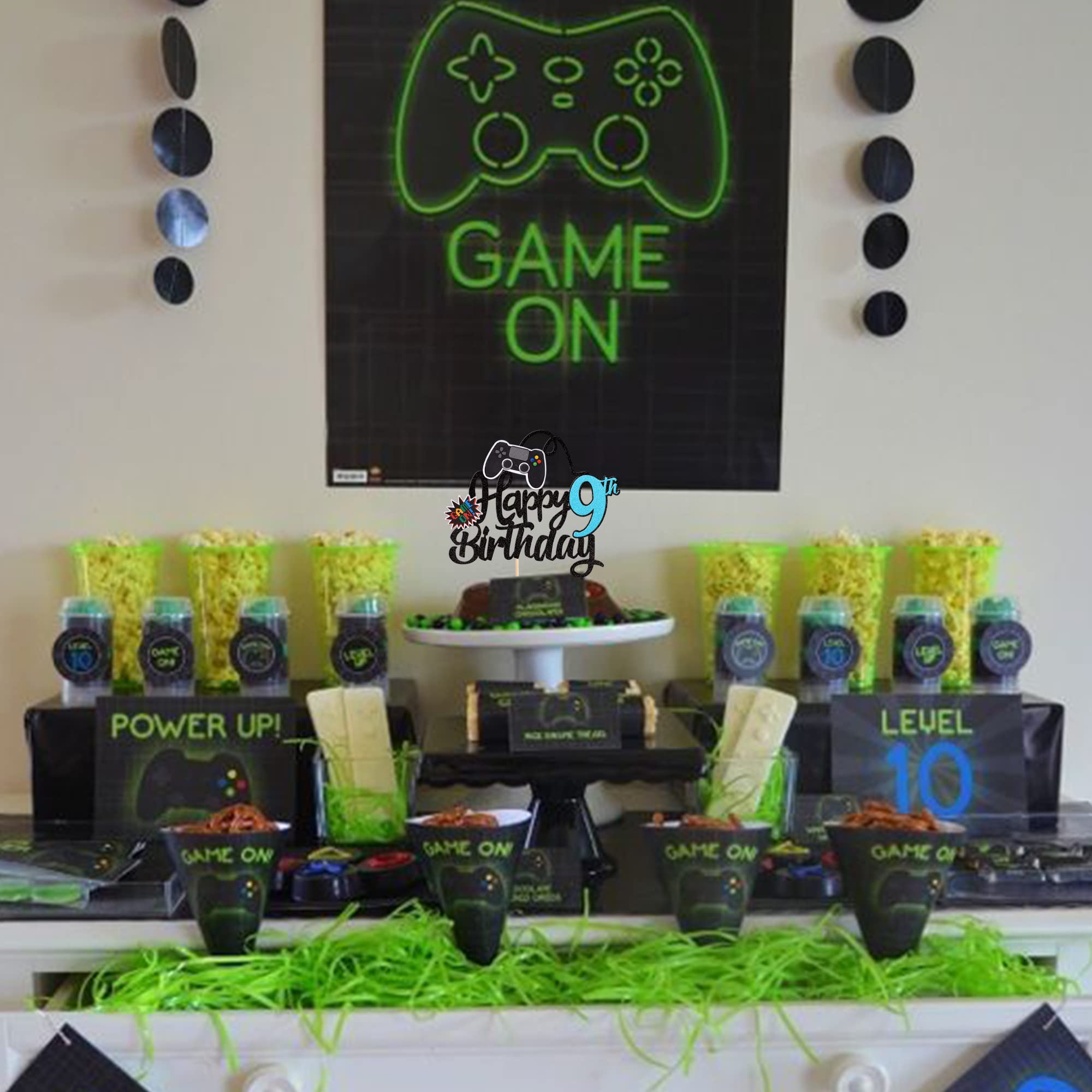 1 PCS Video Game Happy 9th Birthday Cake Topper - Glitter Game Controller Cake Pick - Nine Cheers to 9 Years Cake Decoration - Blue Birthday Party Supplies for Kids Gaming Theme Celebration | Perfect for Birthday Cakes, Cupcakes & Party Decorations