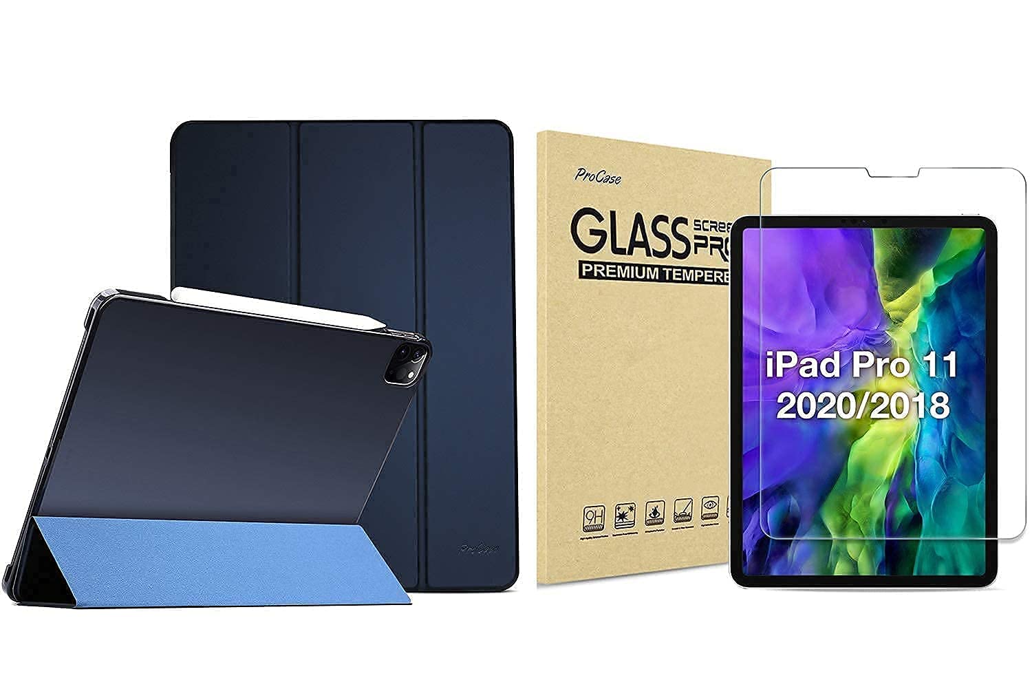 ProCase Navy iPad Pro 11 Slim Hard Shell Protective Case (2020 & 2018 Models) with Tempered Glass Screen Protector - Perfect for Work, Travel & Everyday Use