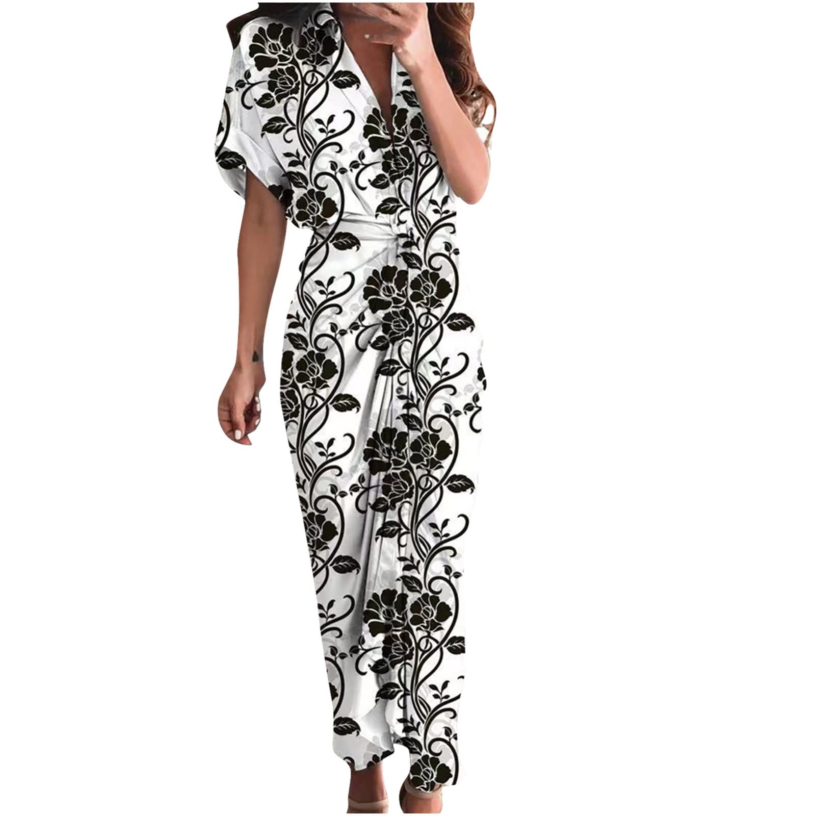 bmkBWO Women's Floral Print Short Sleeve Midi Dress - Lapel V-Neck Button Down Casual Summer Dress with Tie Waist | Perfect for Beach Vacations, Brunch Dates & Office Wear