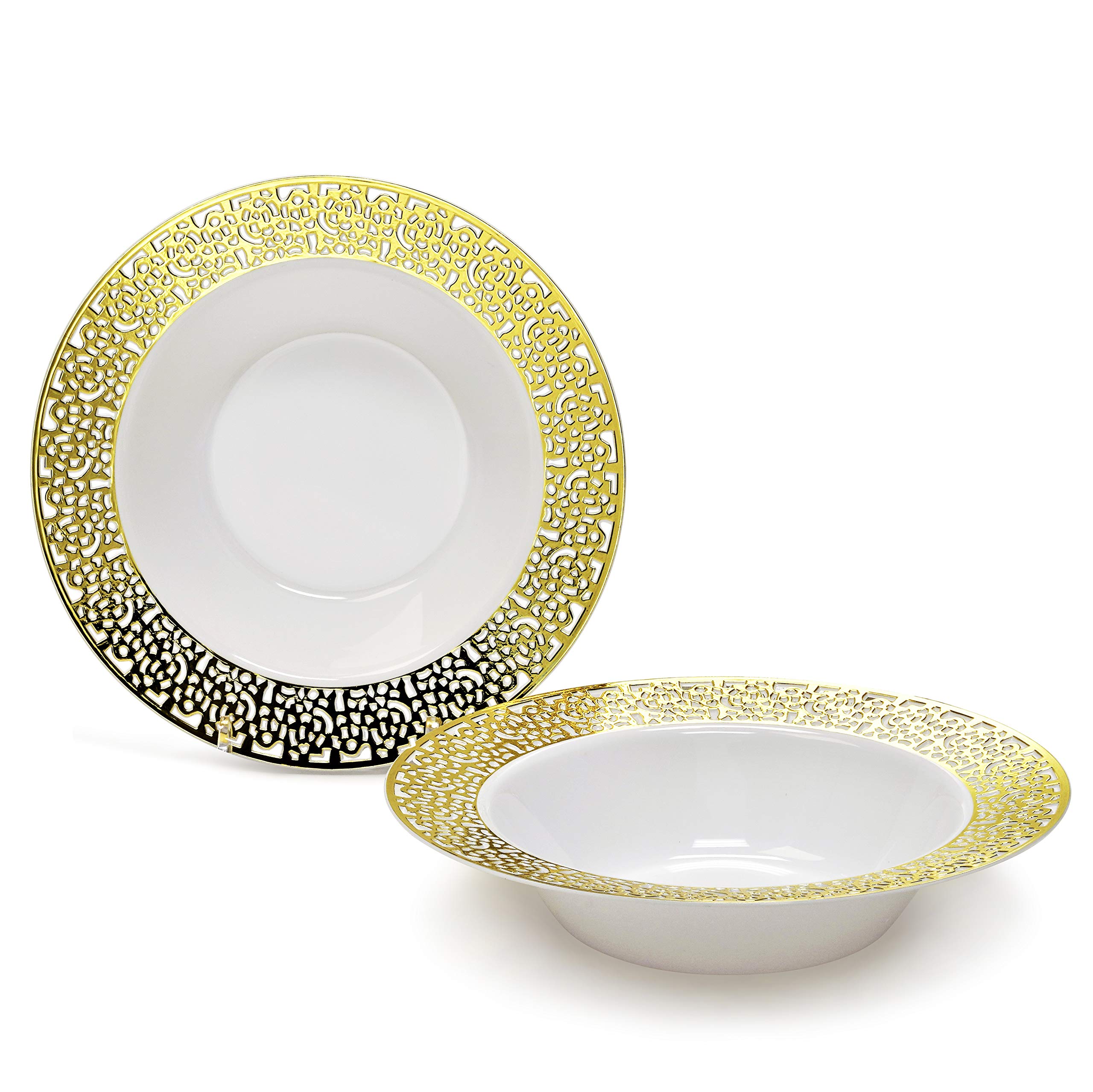 60-Piece Heavyweight Disposable Plastic Plates & Bowls Set - 12oz Soup Bowls for Wedding, Party & Events (Florence White & Gold) - Perfect for Catering, Buffets & Special Occasions