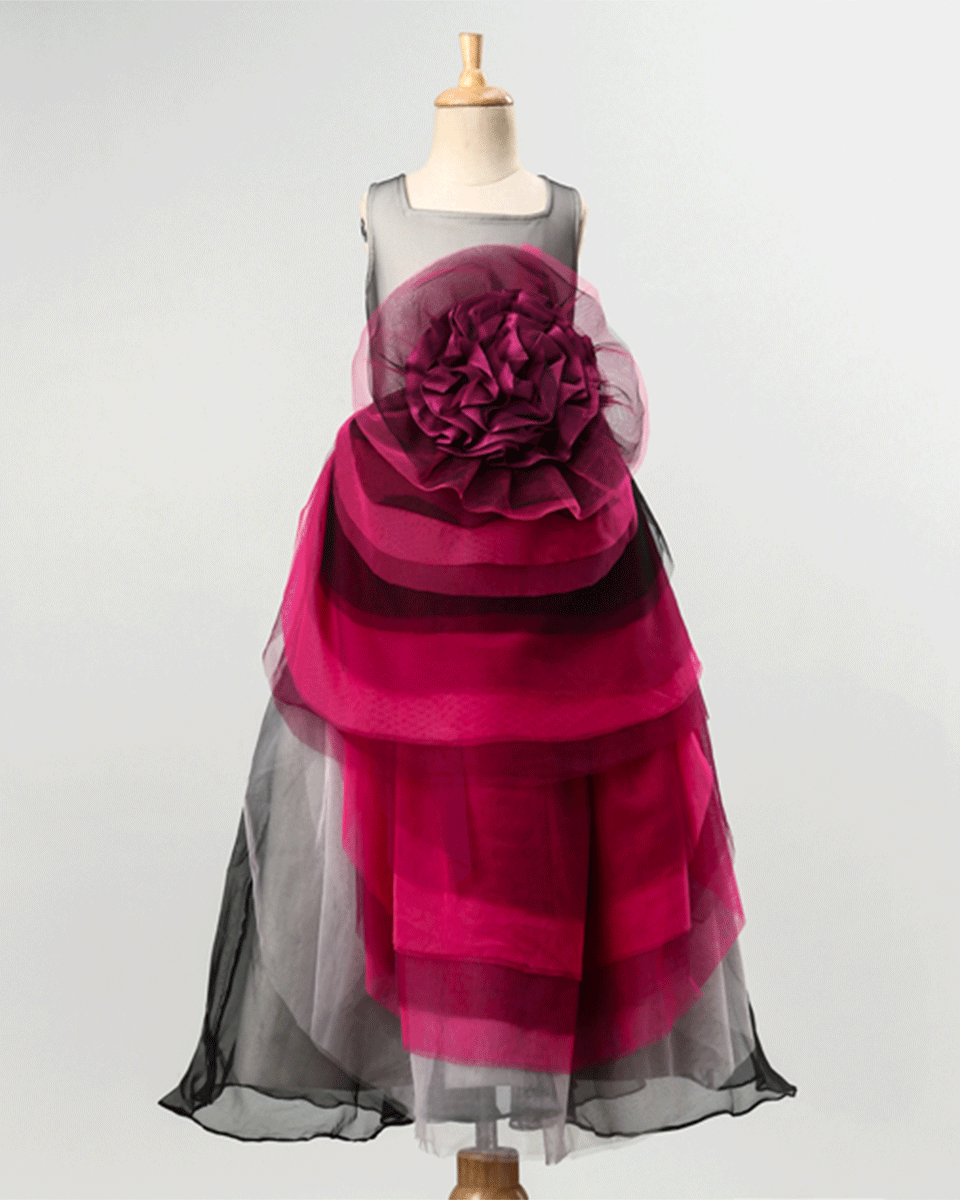 Pre Order: Girls Sleeveless Layered Party Gown - Shaded Net with Flower Design in Purple | Perfect for Birthday Parties, Pageants & Special Occasions
