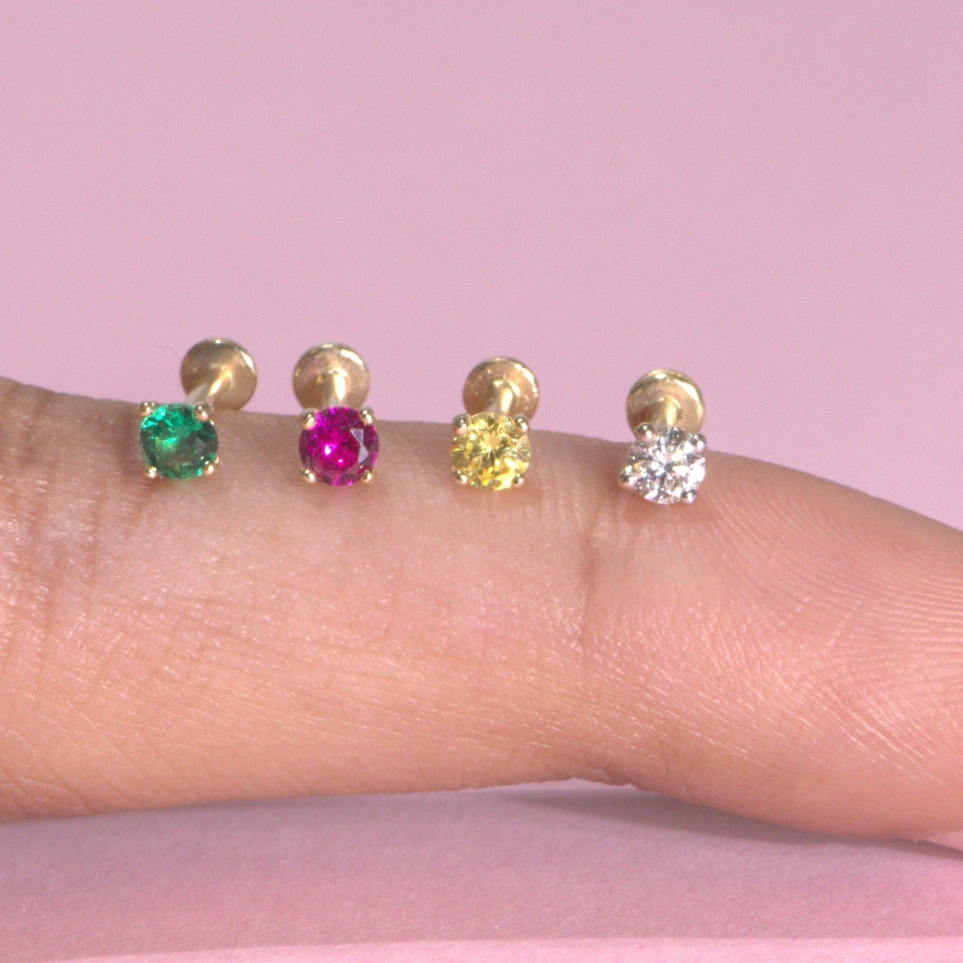 14K Solid Yellow Gold Emerald Cartilage Flat Back Stud Earrings - Perfect for Everyday Wear, Gifts & Special Occasions