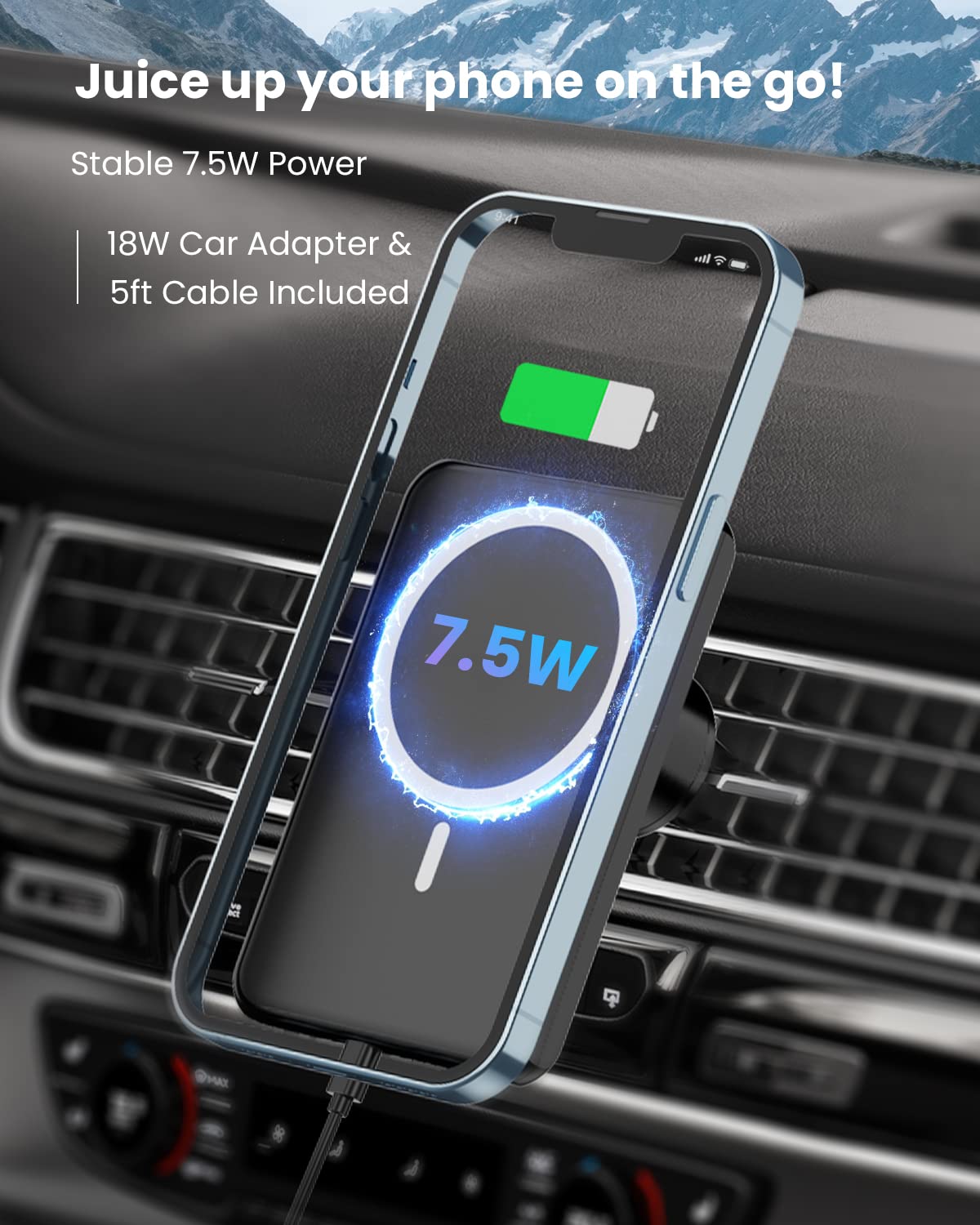 JoyGeek Magnetic Wireless Car Charger for iPhone 14/13/12 Series | Fast 18W Qi Charging | Mag-Safe Compatible Car Mount | Air Vent Phone Holder | Black | Perfect for Road Trips & Daily Commutes