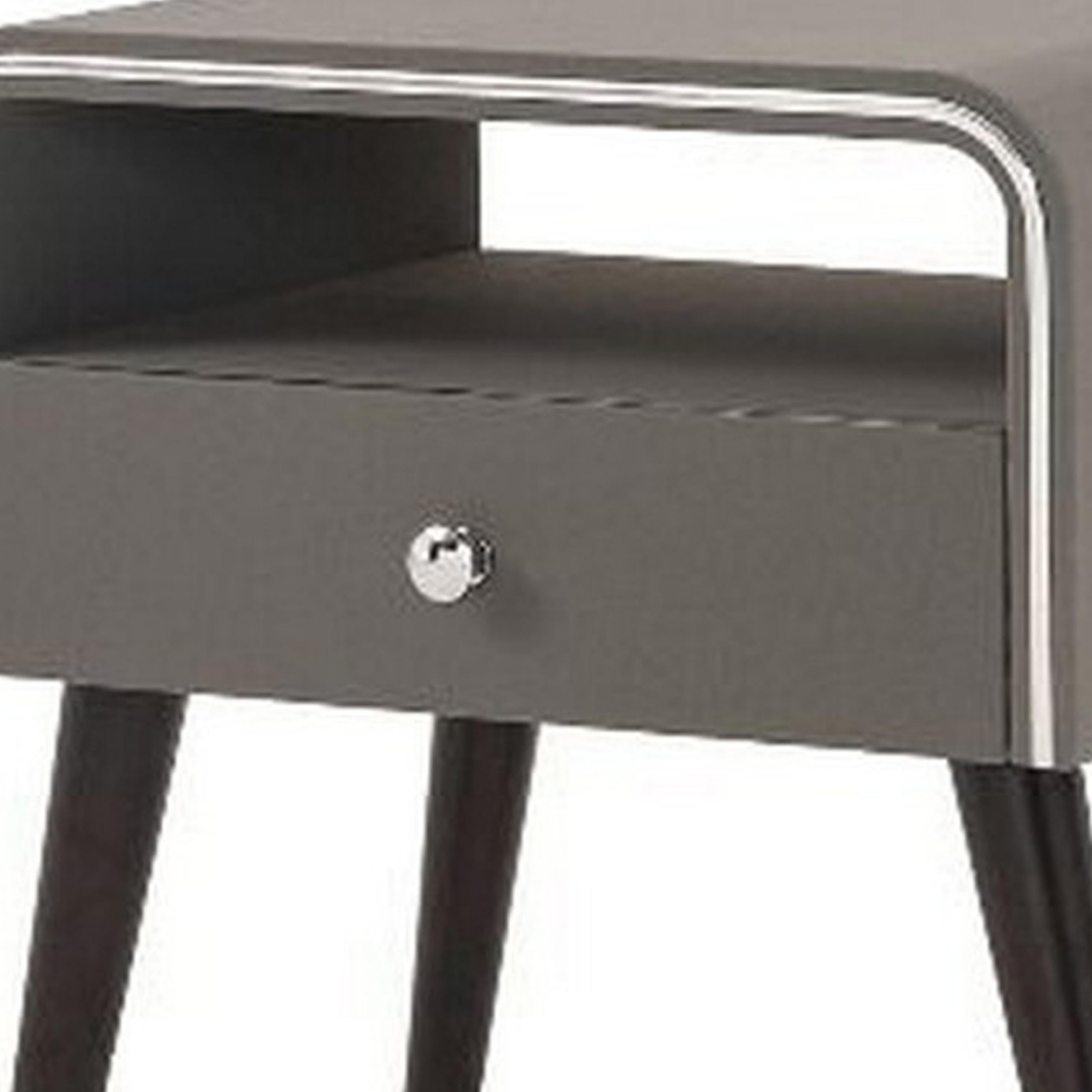 Benjara Modern Gray and Brown Nightstand with Chrome Trim - 1 Drawer Curved Edge Bedside Table for Bedroom, Living Room, or Office
