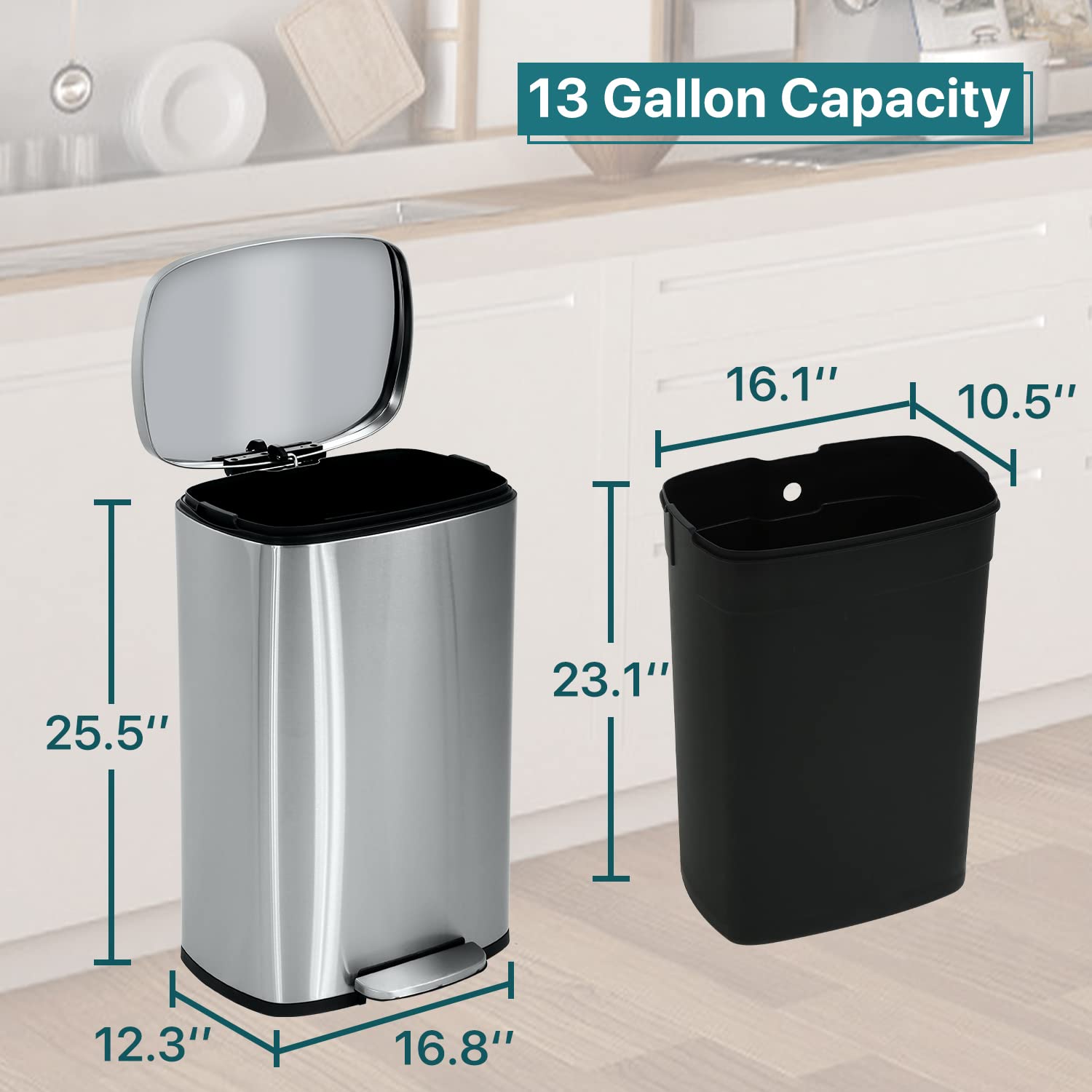 13 Gallon Stainless Steel Step Trash Can with Lid - 50L High Capacity Kitchen Garbage Bin for Home, Office, Bathroom & Bedroom - Removable Inner Bucket for Easy Cleaning - Perfect for Recycling & Waste Separation