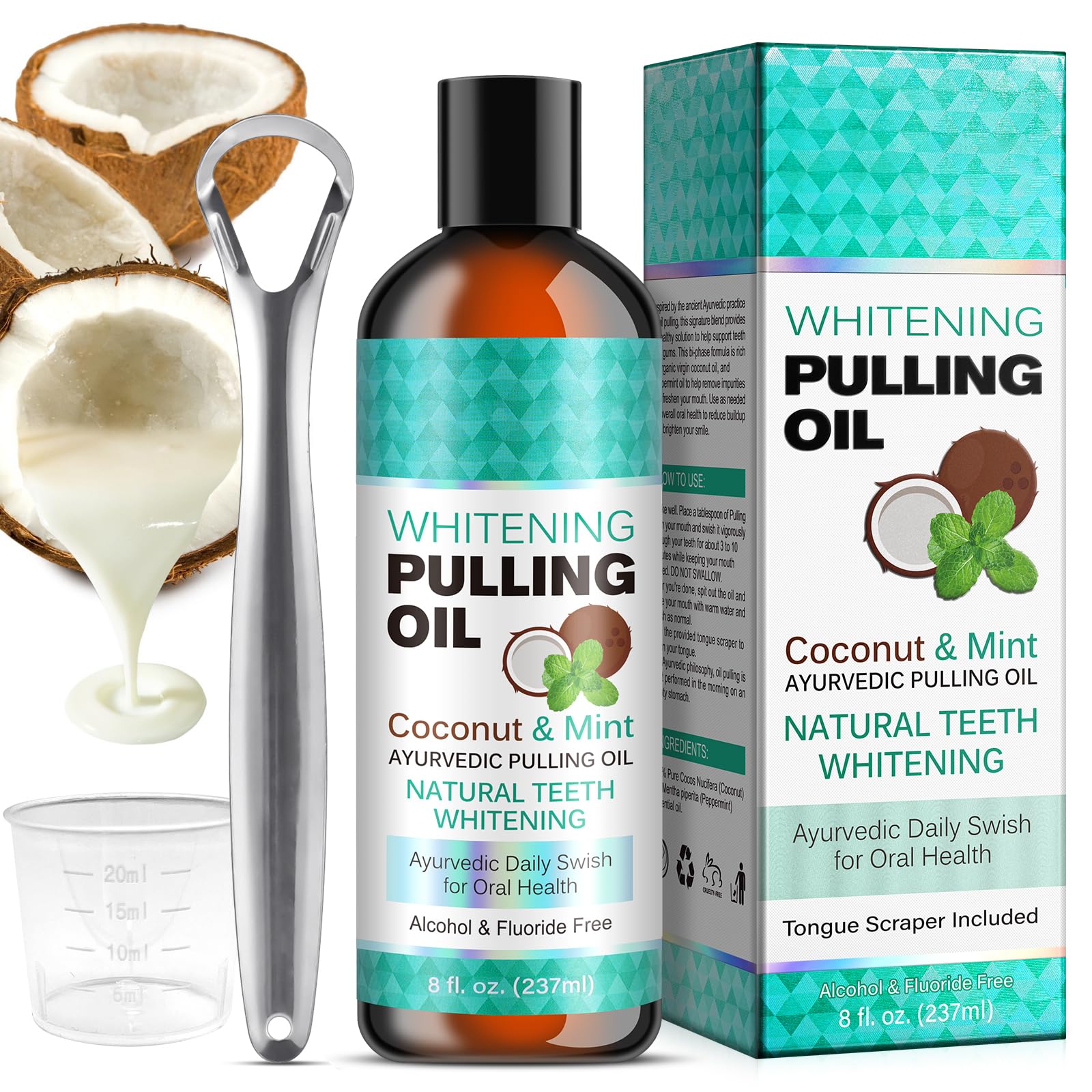 Organic Coconut Mint Oil Pulling Mouthwash with Tongue Scraper - Natural Teeth Whitening, Fresh Breath & Gum Health Support - 8 fl oz for Daily Oral Hygiene & Detox