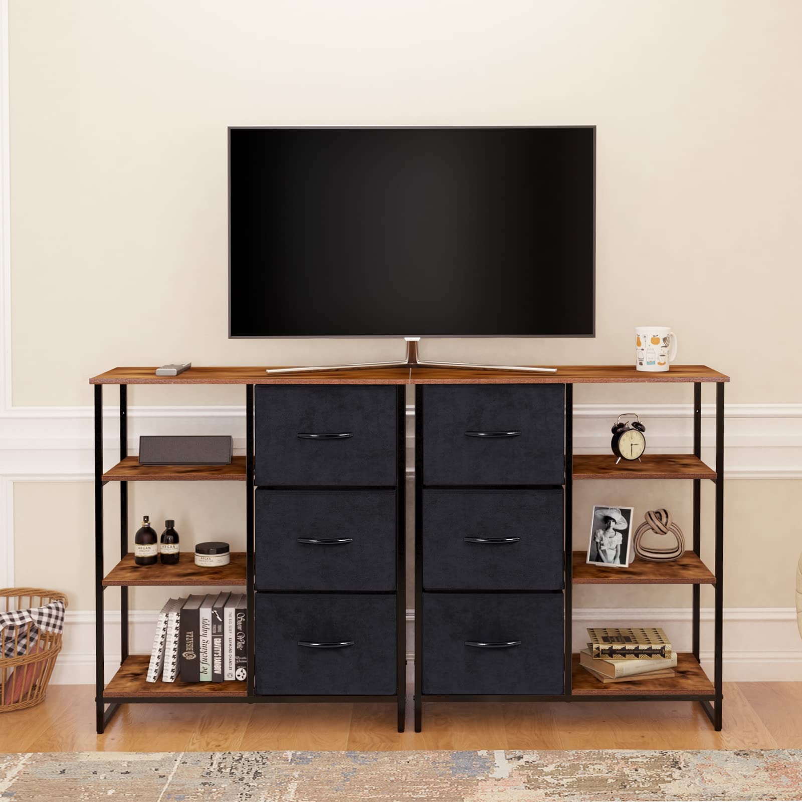 LYNCOHOME 3-Drawer Vertical Dresser with Shelves - Fabric Storage Tower, Sturdy Metal Frame Furniture with Removable Rustic Brown Bins - Perfect for Bedroom Organization, Entryway Storage & Office Decor