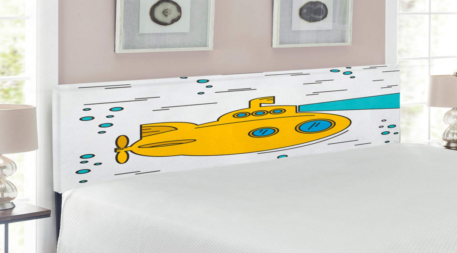 Ambesonne Yellow Submarine King Size Headboard - Ocean Nautical Adventure Underwater Bubbles Porthole Cartoon Design - Upholstered Decorative Metal Bed Frame with Memory Foam - White Yellow Blue Theme - Perfect for Kids' Rooms, Nautical Themed Bedrooms & Submarine Decor Lovers