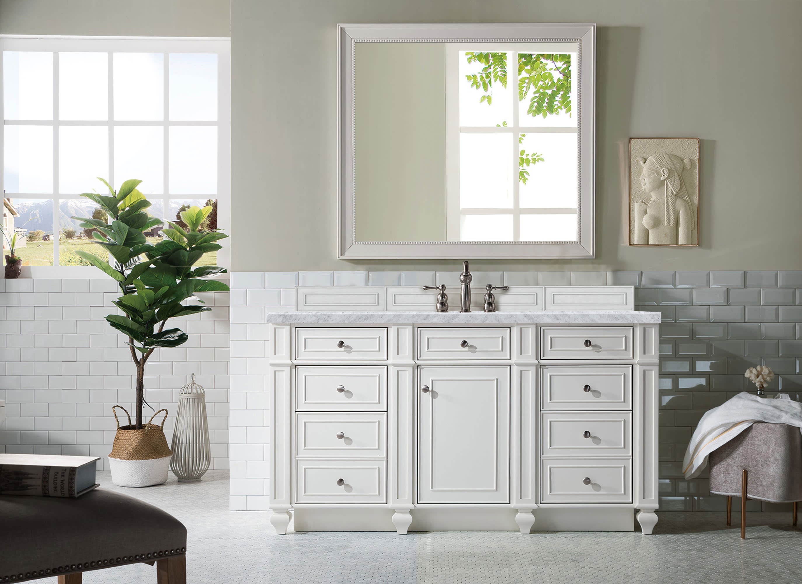 Bristol 60-Inch Single Bathroom Vanity with 3CM Carrara Marble Top in Bright White - Perfect for Modern Master Bathrooms and Guest Bathroom Renovations
