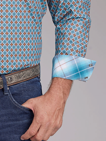 Roper Men's Long Sleeve Snap Shirt with Allover Print - Turquoise Sunset Design for Western Wear & Casual Outfits