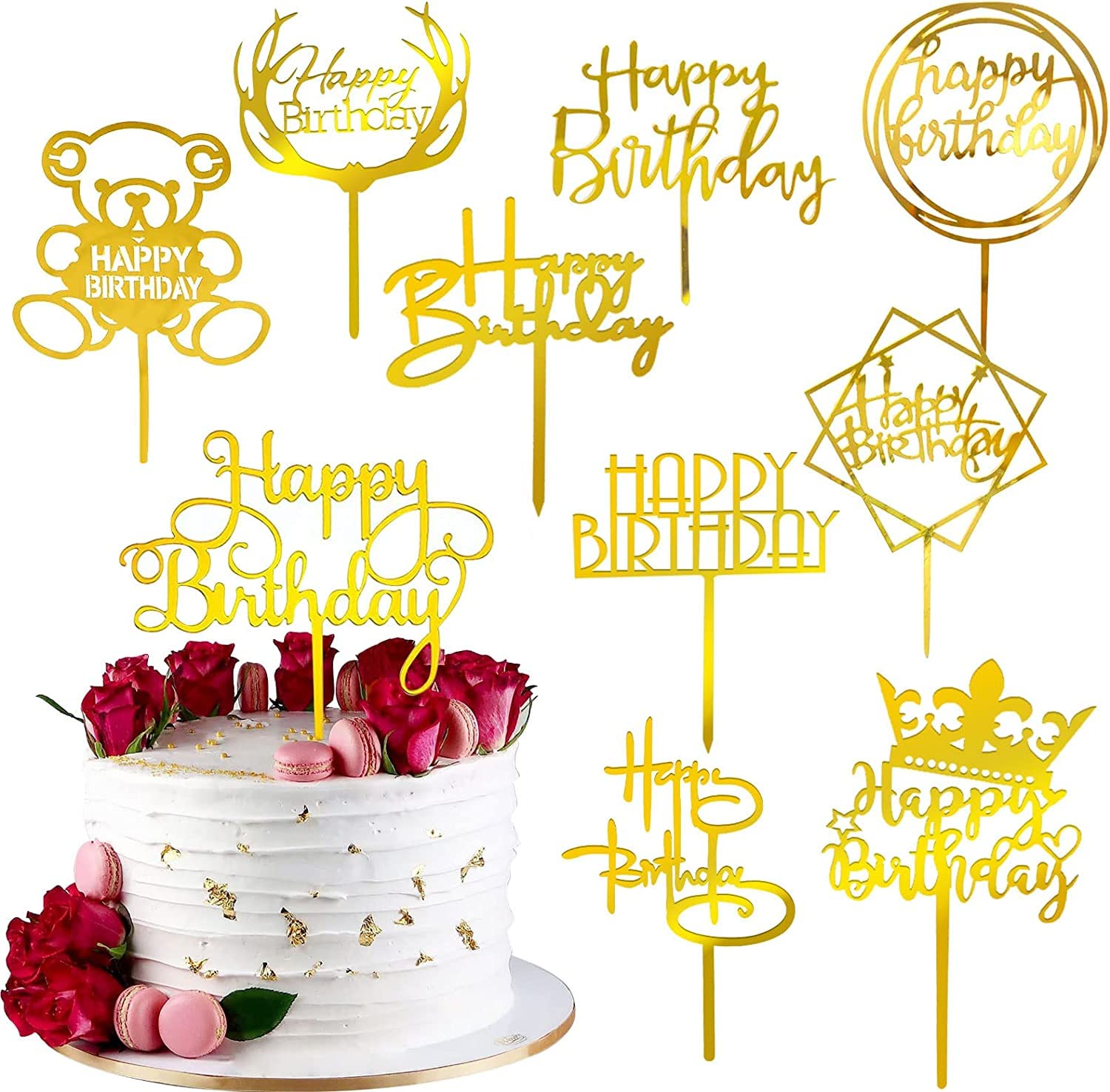 20 Pack Gold Happy Birthday Cake Toppers - Acrylic Cake Decorations for Cupcakes, Cakes & Party Supplies | Perfect for Birthday Parties, Baby Showers & Celebrations