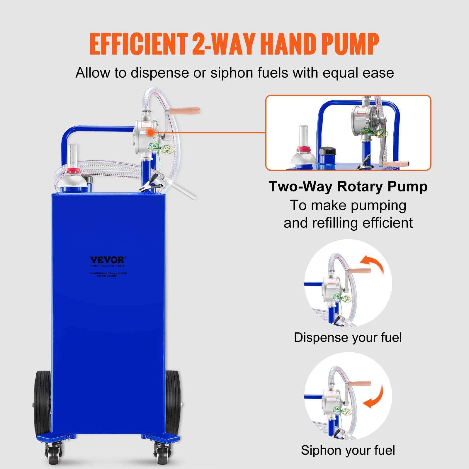 VEVOR 30 Gallon Fuel Caddy with Manual Transfer Pump - Heavy Duty Gas & Diesel Storage Tank on 4 Wheels - Portable Fuel Container for Cars, Lawn Mowers, ATVs, Boats - Ideal for Home, Farm & Worksite Use