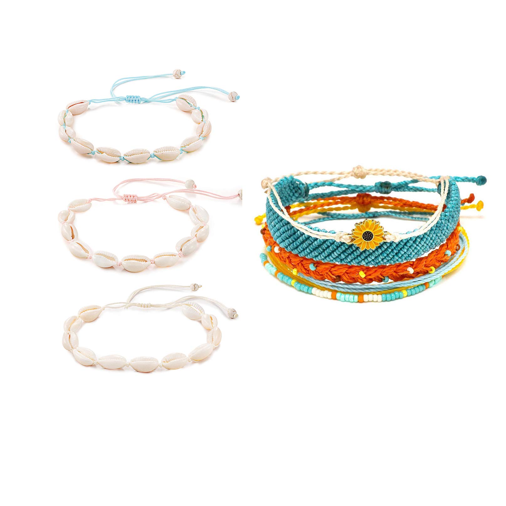 Tarsus Sunflower Bracelets & Natural Cowrie Puka Shell Bracelets for Women & Teen Girls - Boho Beach Jewelry for Summer Vacation & Music Festivals