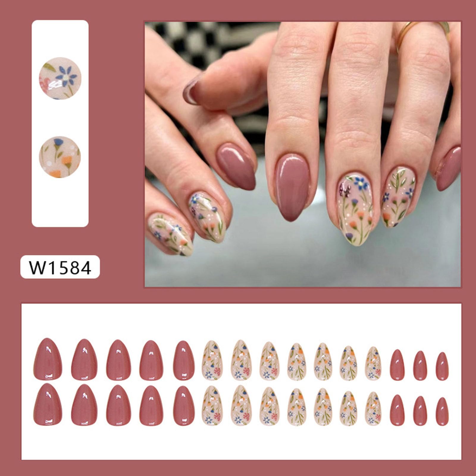 30 Pcs Almond Floral Press On Nails - Fall Acrylic Fake Nails with Cute Flower Designs, Full Cover Glossy Stick On Nails for Women & Girls | Perfect for Parties, Weddings, and Everyday Glam