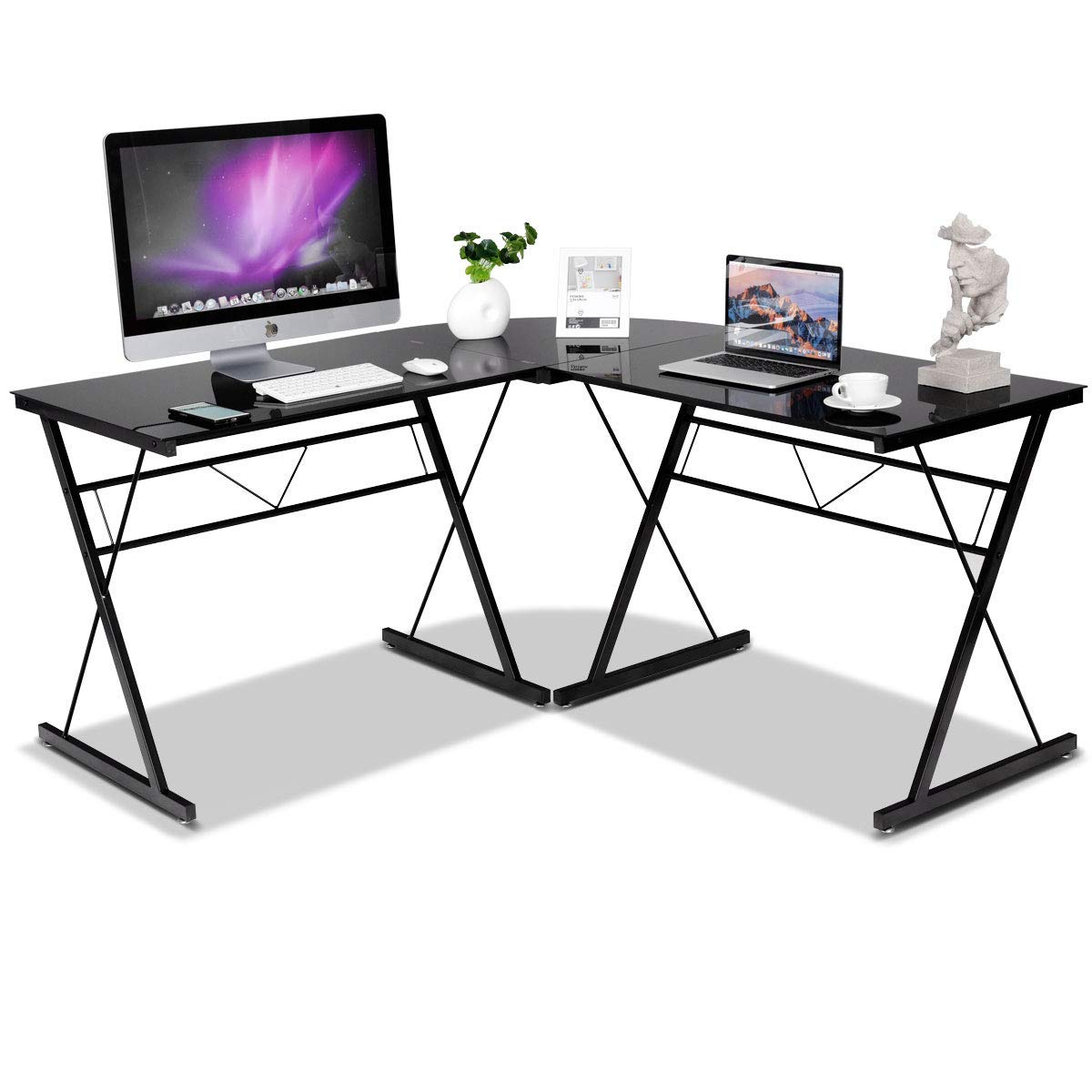 Tangkula L-Shaped Corner Desk - 3-Piece Metal Frame Computer Workstation for Home Office, Study & Gaming | Modern Simple Design Writing Table with Durable Top | Perfect for Small Spaces, Dorm Rooms & Studio Apartments (Black)