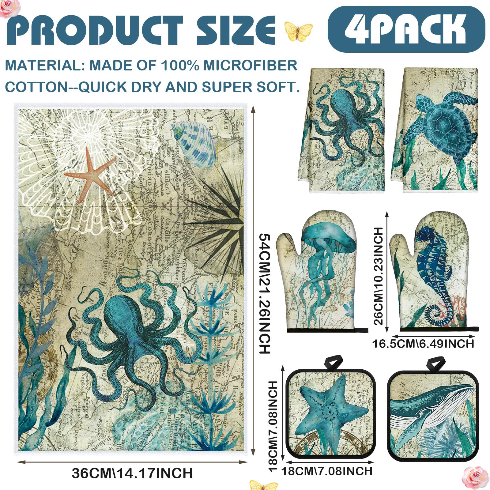 6-Piece Coastal Kitchen Towel Set - 2 Dish Towels, 2 Oven Mitts & 2 Heat Resistant Potholders - Beach Themed Ocean Animal Design for Cooking, Baking & Kitchen Decor - Perfect Housewarming Gift