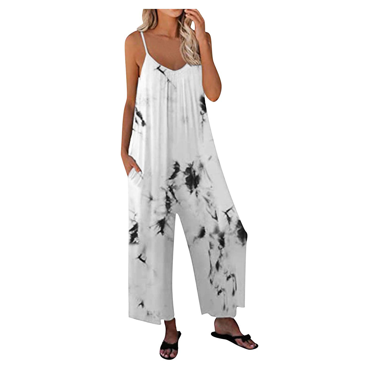 INNOVIERA Women's Summer Patchwork Jumpsuit with Dual Pockets - Loose Fit Floral Print Bohemian Wide Leg Romper for Casual Outings & Beach Vacations