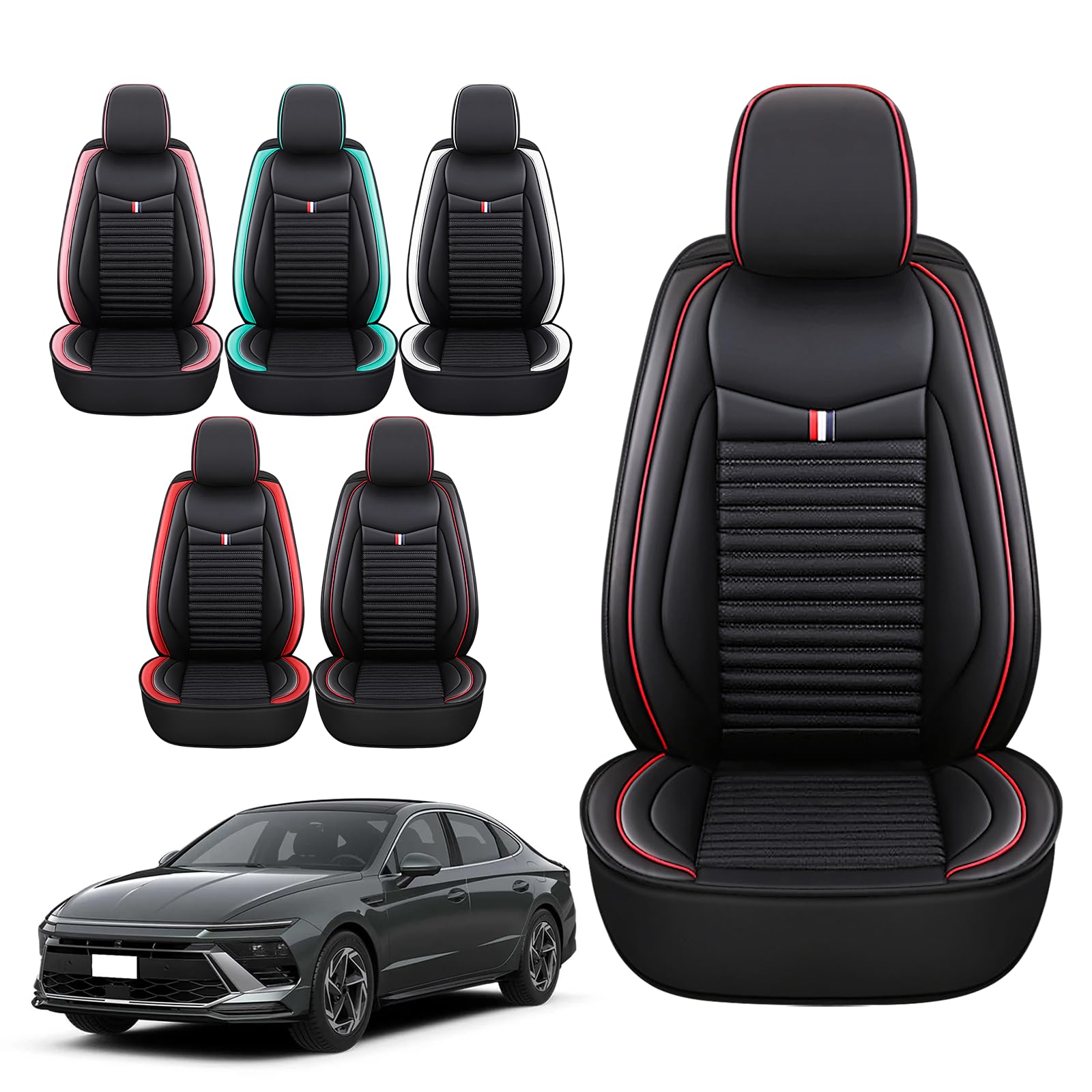 Premium Leather Car Seat Covers for Hyundai Elantra 2001-2024 | Universal Anti-Slip Design Fits Most Cars, Sedans, SUVs & Trucks (Black Red Bars) - Perfect for Daily Commuting, Road Trips & Vehicle Protection