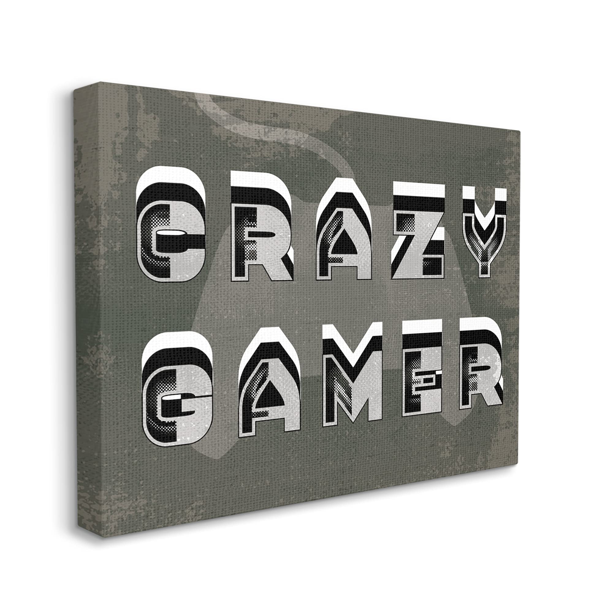 Stupell Industries Crazy Gamer Quote Typographic Wall Art - Rustic Video Game Controller Design by Daphne Polselli - Grey Canvas Print for Gaming Room Decor & Man Cave