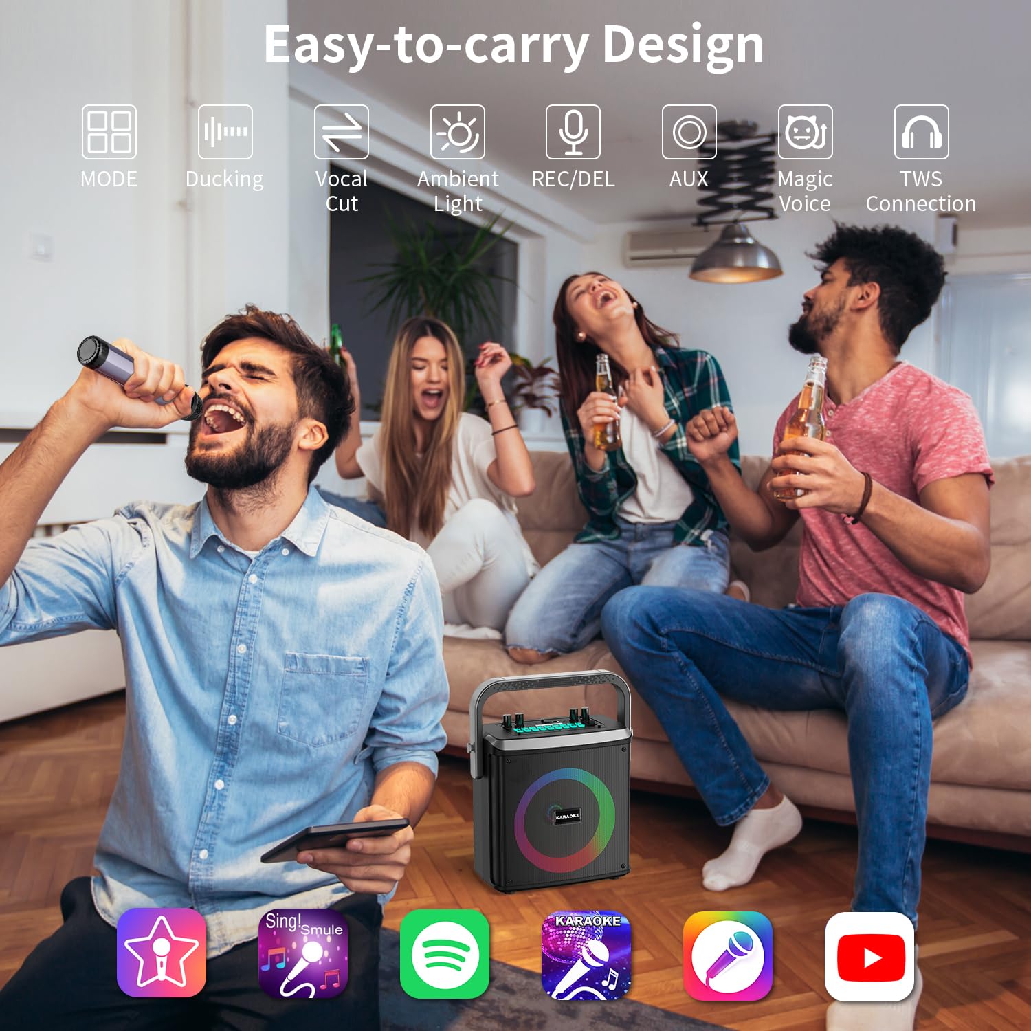 Portable Bluetooth Karaoke Machine with 2 Wireless Microphones - Party Speaker for Home, Outdoor, Camping & Garage (Perfect for Parties, Gatherings & Entertainment)