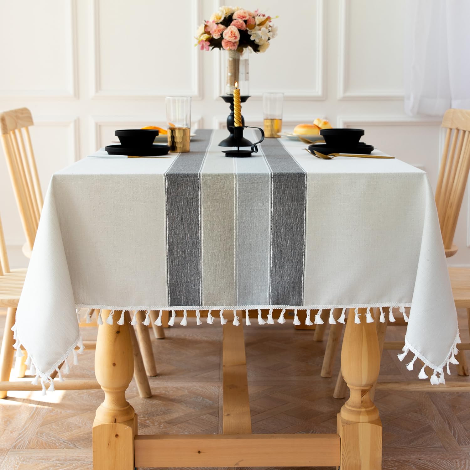 Rustic Cotton Linen Tablecloth for 6 Foot Rectangle Tables - Waterproof & Washable Dining Table Cover with Tassel (55''x86'', Fits 6-8 Seats) - Perfect for Farmhouse Dining, Outdoor Picnics, and Holiday Gatherings
