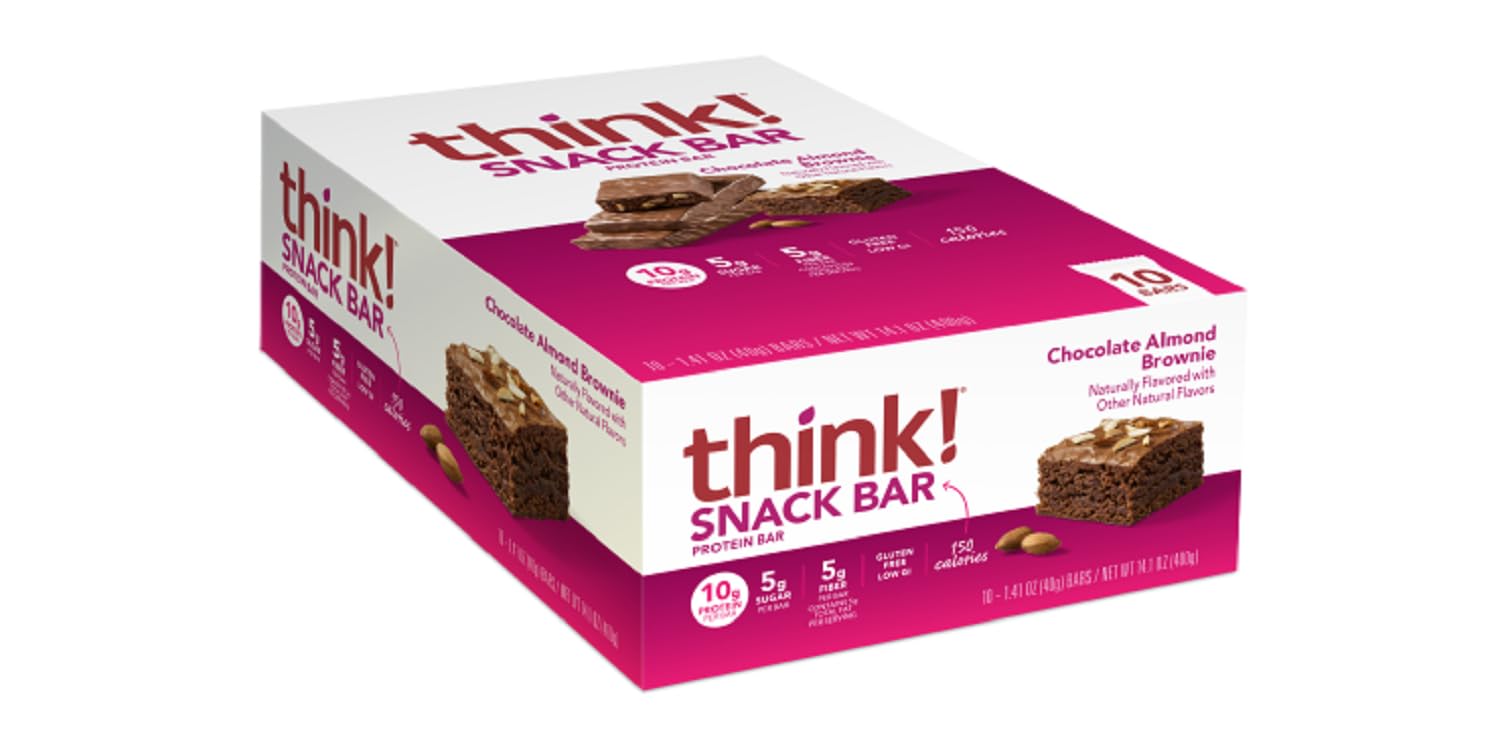 Think! Protein Bars - Chocolate Almond Brownie, 1.4 Oz (10 Count) | High Fiber with Chicory Root, Whey Protein Isolate, Gluten Free, No Artificial Sweeteners | Perfect for Post-Workout Recovery, Healthy Snacking & On-the-Go Nutrition