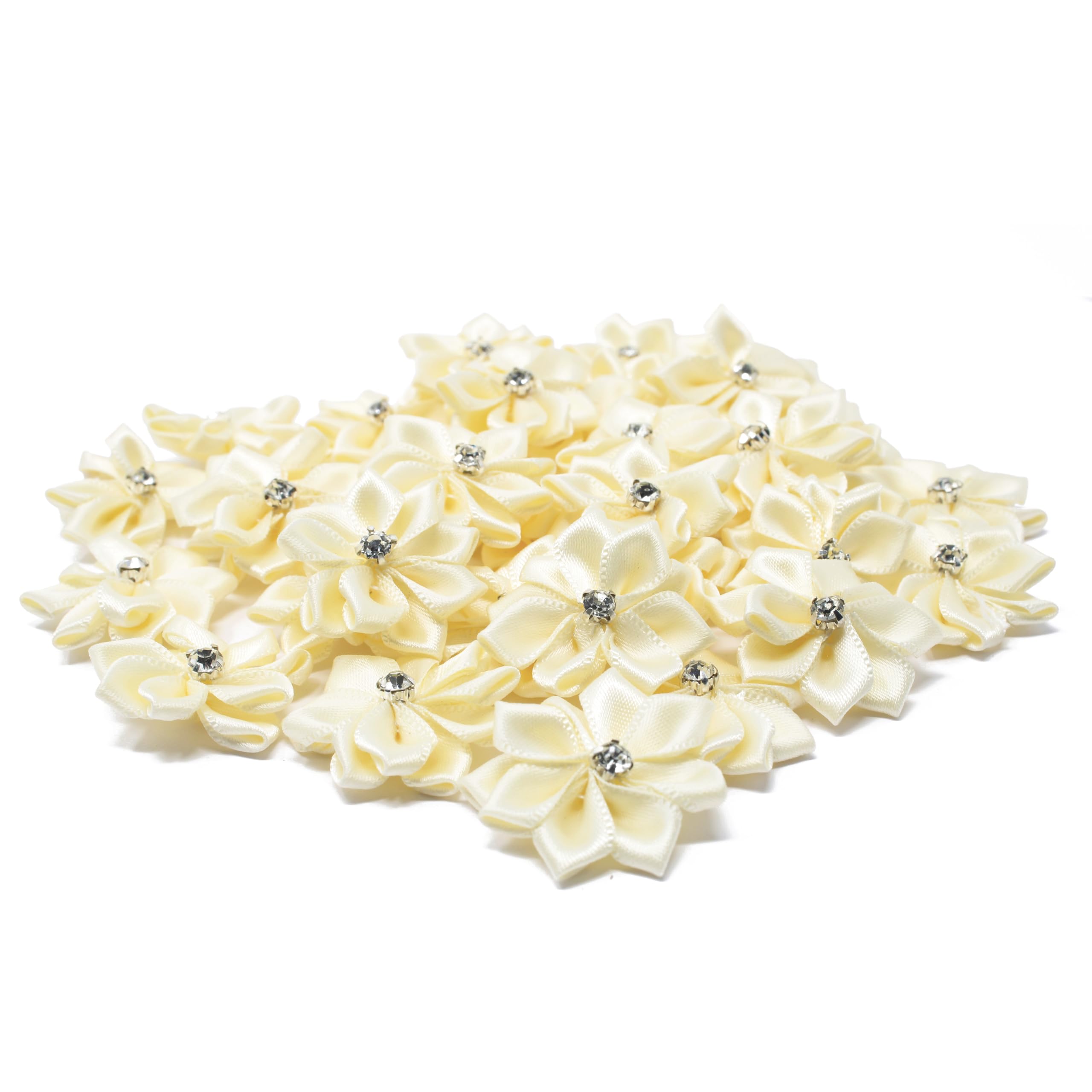 25mm Ivory Satin Ribbon Flowers with Rhinestone Center - Pack of 25 for DIY Crafts, Wedding Decorations, Hair Accessories & Gift Wrapping