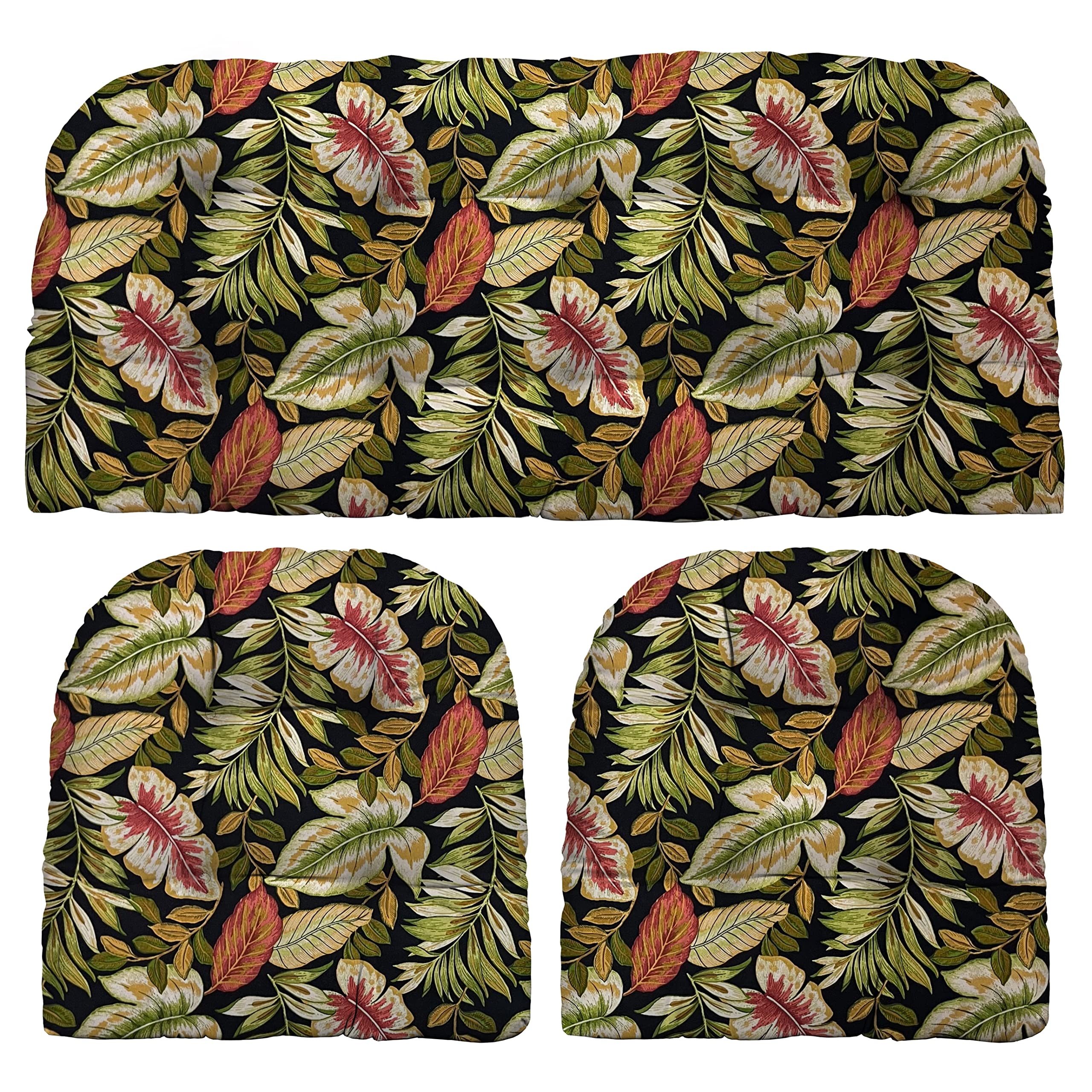Outdoor Tropical Palm Leaf Cushion Set - Twilight Black, Green, Burgundy - Wicker Loveseat & 2 Matching Chair Cushions - Perfect for Patio, Garden, and Poolside Relaxation